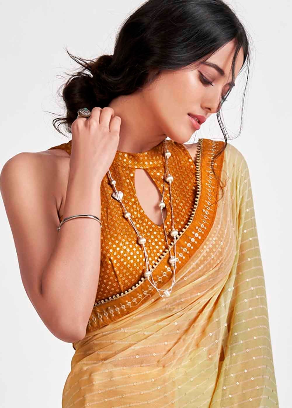 Buy MySilkLove Tan Yellow Printed Georgette Saree Online