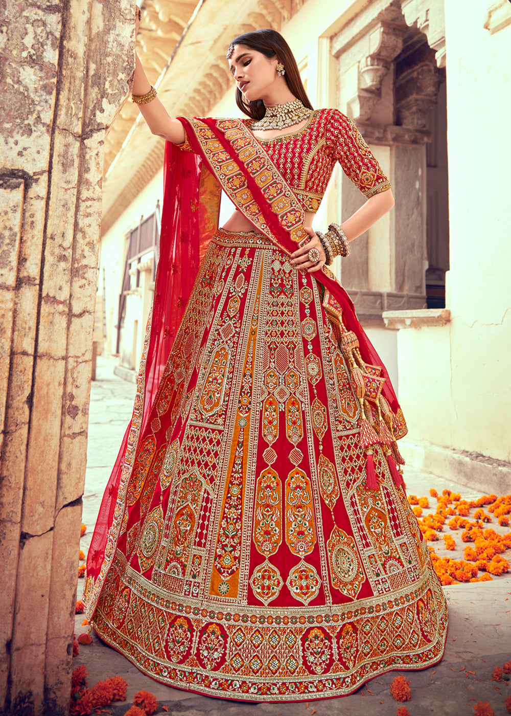 Buy MySilkLove Roof Red and Orange Heavy Embroidered Designer Lehenga Online