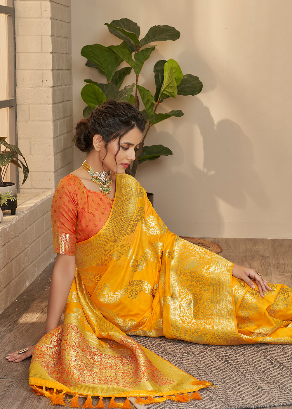 Buy MySilkLove Fuel Yellow and Orange Zari Woven Banarasi Saree Online