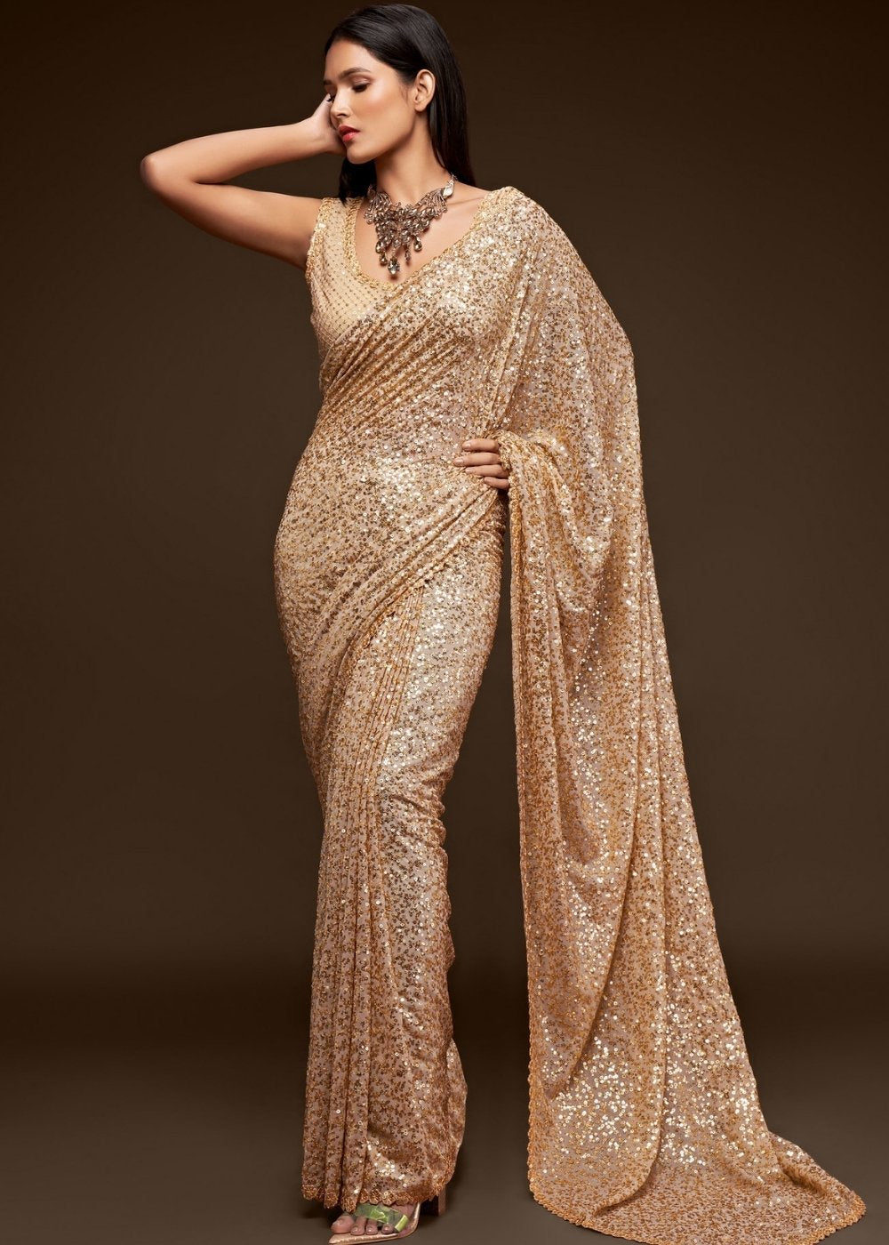 Buy MySilkLove Sandal Golden Georgette Partywear Saree Online