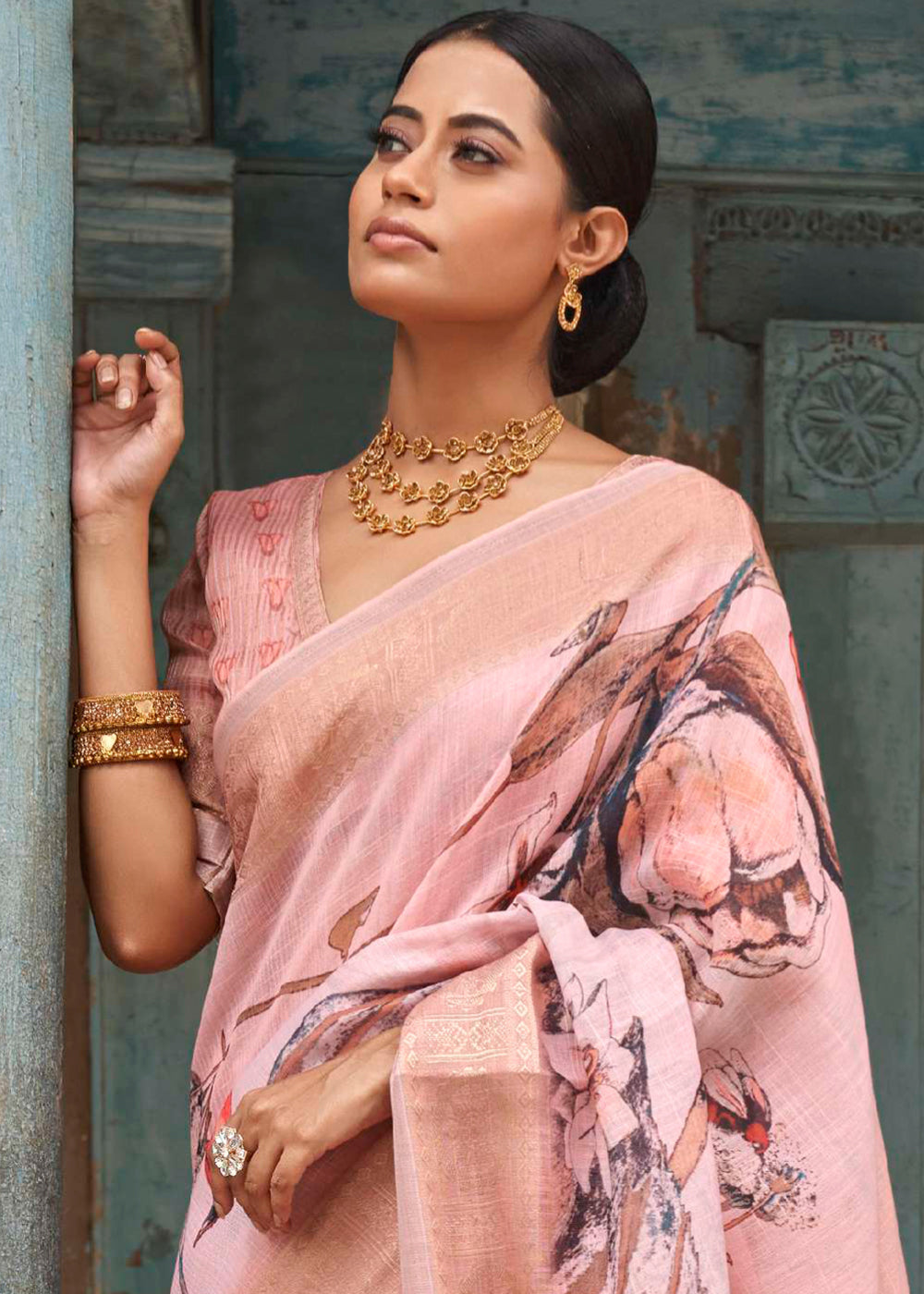 Buy MySilkLove Beauty Bush Pink Floral Printed Linen Silk Saree Online