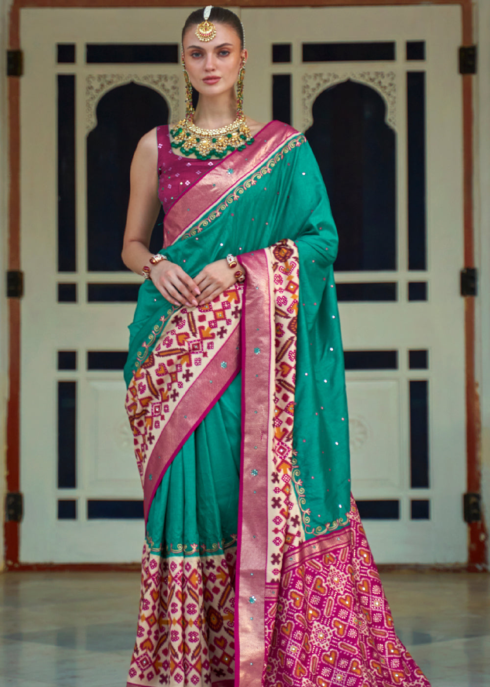 Buy MySilkLove Pine Green and Pink Woven Patola Silk Saree Online