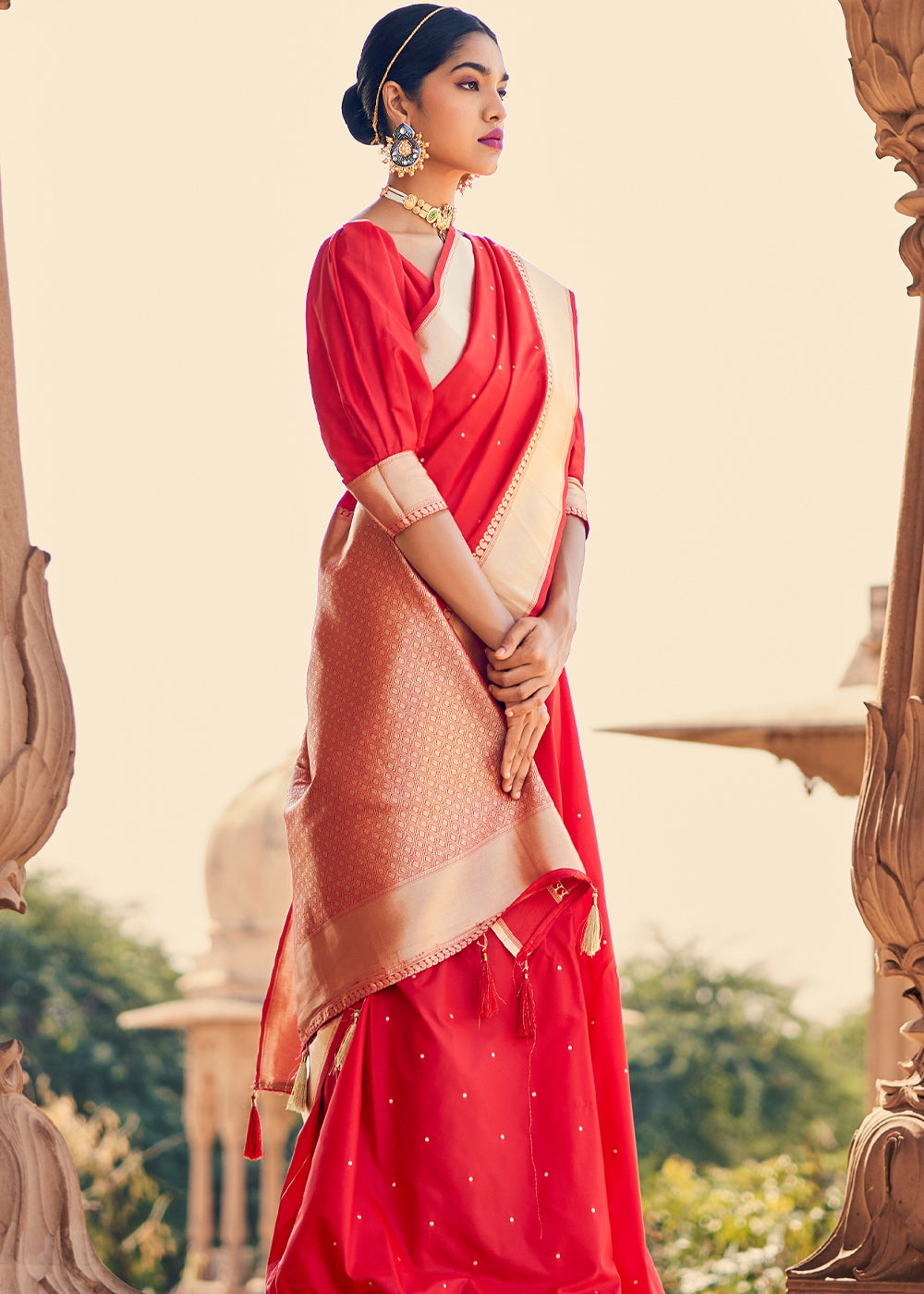 Buy MySilkLove Sizzling Red Woven Banarasi Satin Silk Saree Online