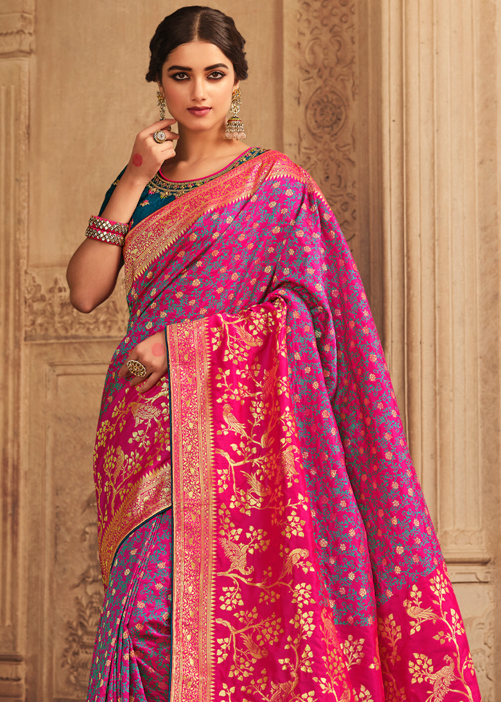 Buy MySilkLove Carnation Pink and Blue Zari Woven Banarasi Saree with Designer Blouse Online