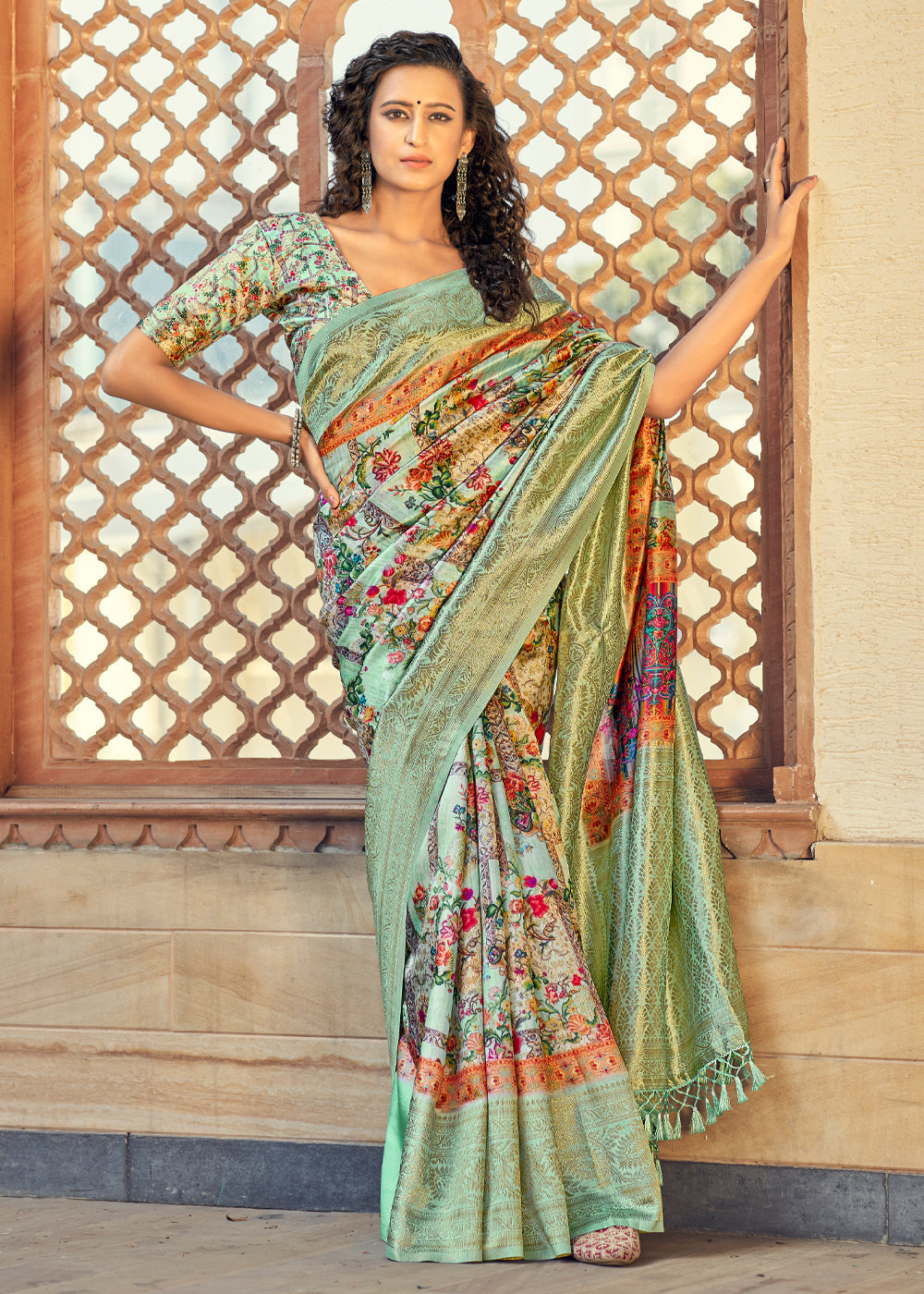 Buy MySilkLove Green Mist Digital Printed Jacquard Silk Saree Online