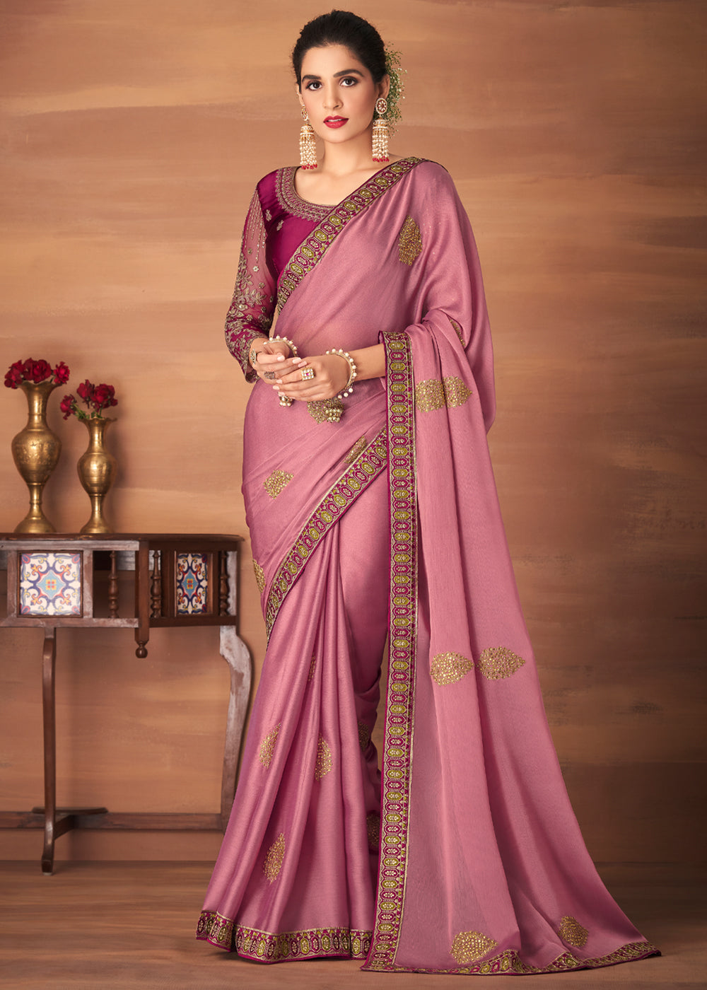 Buy MySilkLove Wewak Pink Designer Saree with Embroidered Blouse Online