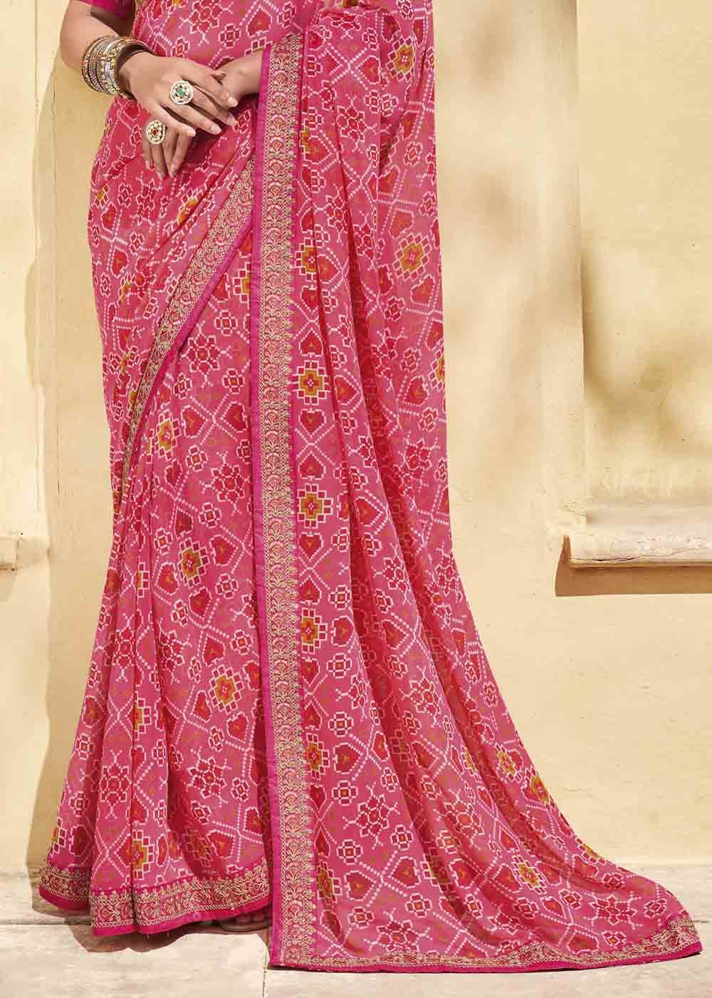 Buy MySilkLove Contessa Pink Patola Print Georgette Saree With Embroidered Blouse Online