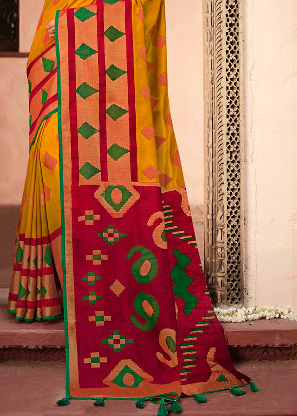 Buy MySilkLove Ochre Yellow and Red Soft Brasso Silk Saree Online