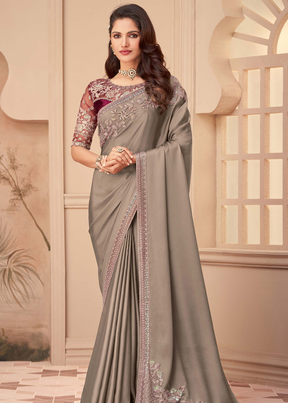 Buy MySilkLove Quicksand Grey Georgette Designer Saree with Embroidered Blouse Online