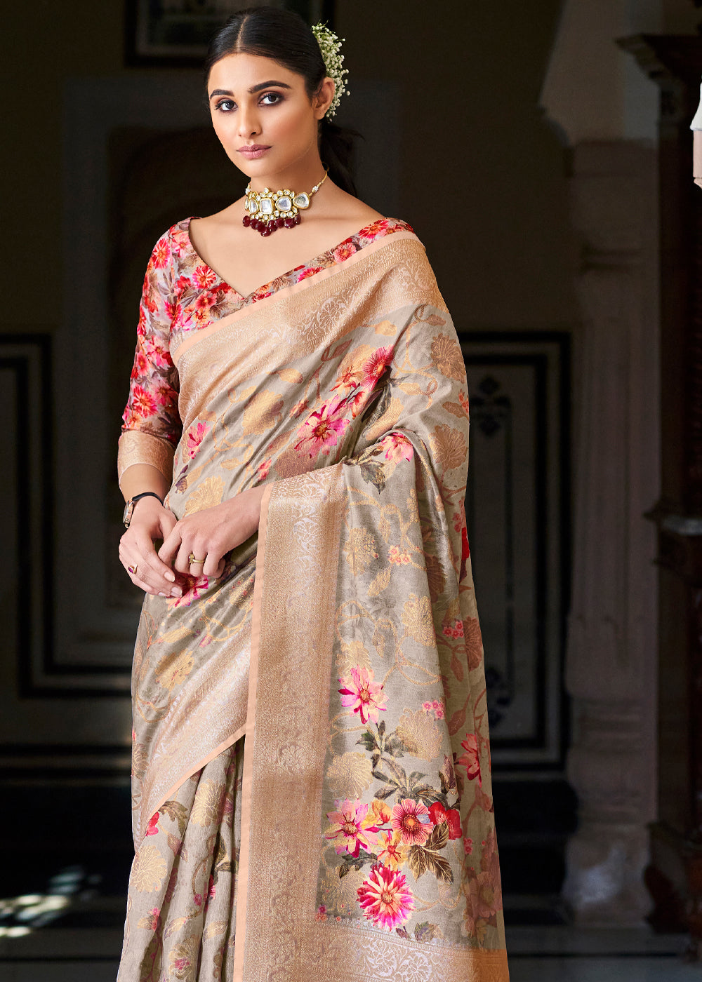 Buy MySilkLove Rodeo Dust Grey Zari Woven Floral Banarasi Saree Online