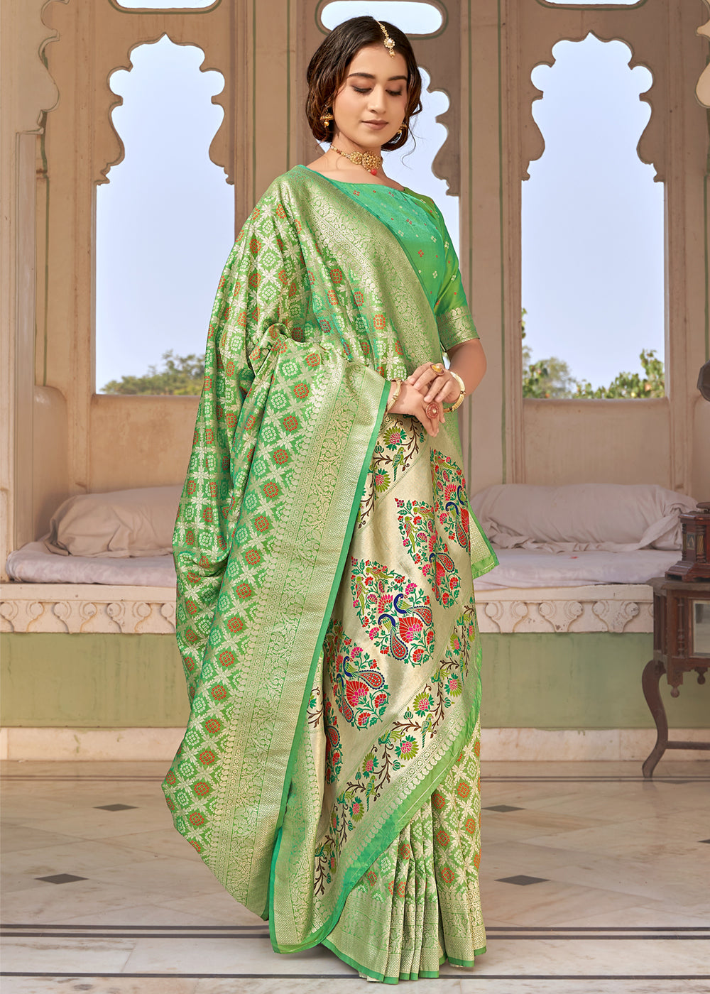 Buy MySilkLove Silver Tree Green Zari Woven Banarasi Brocade Saree Online