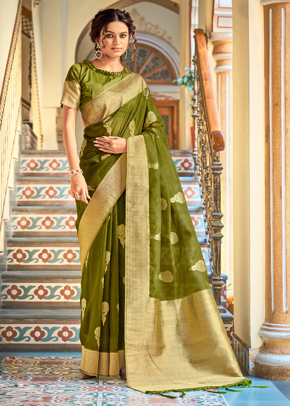 Buy MySilkLove Mustard Green Zari Woven Banarasi Organza Saree Online