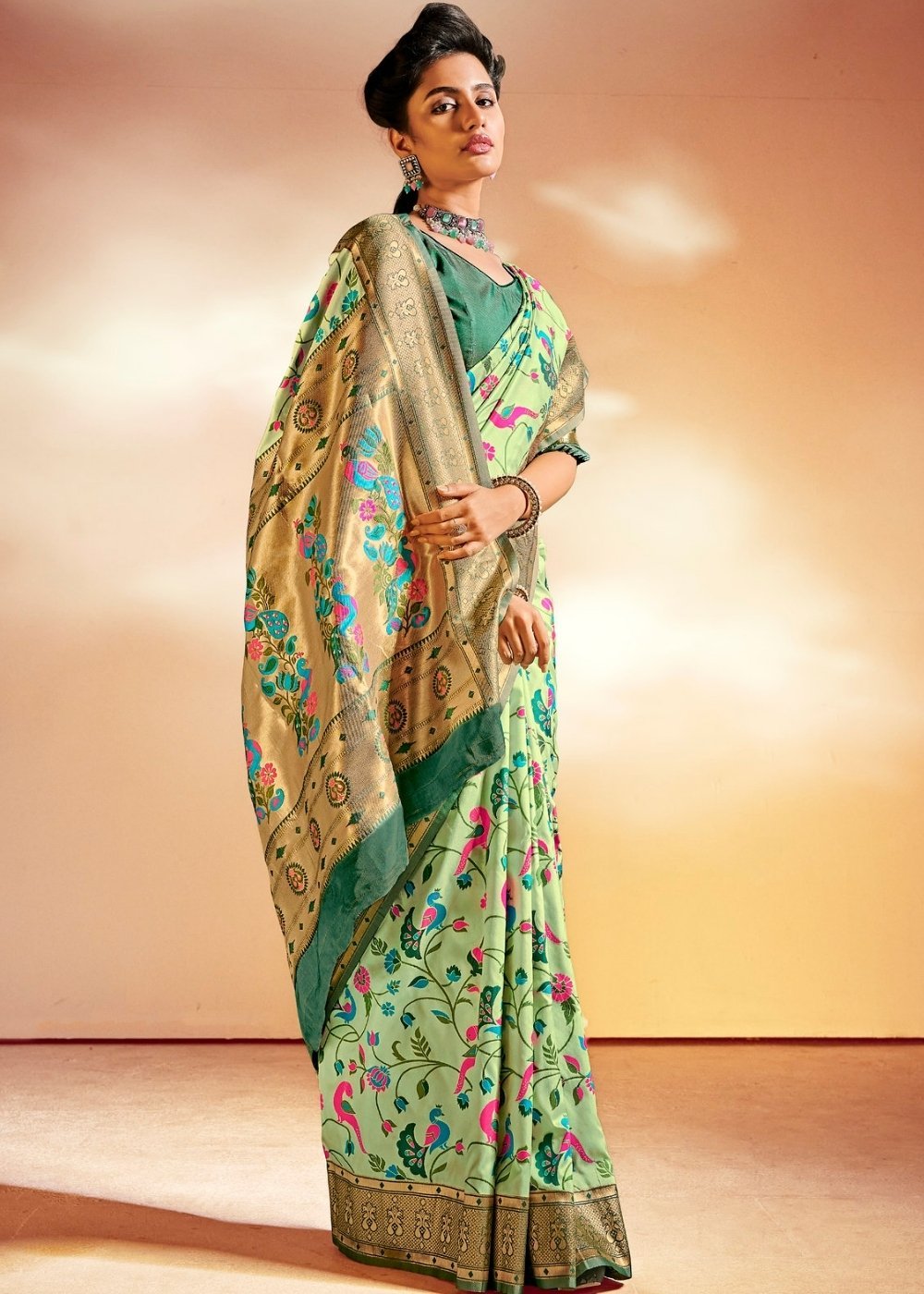 Buy MySilkLove Deco Light Green Zari Woven Banarasi Paithani Fusion Saree Online