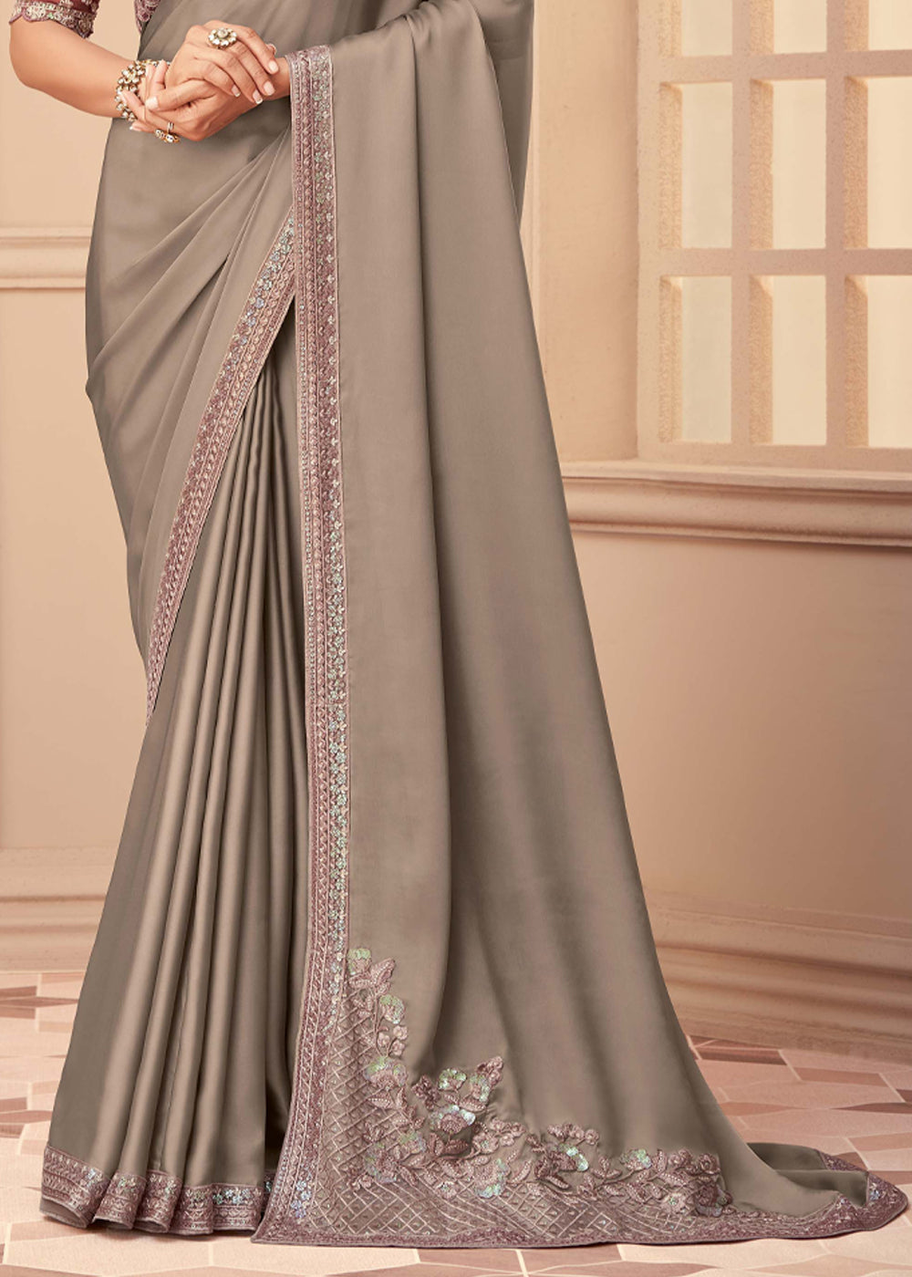 Buy MySilkLove Quicksand Grey Georgette Designer Saree with Embroidered Blouse Online