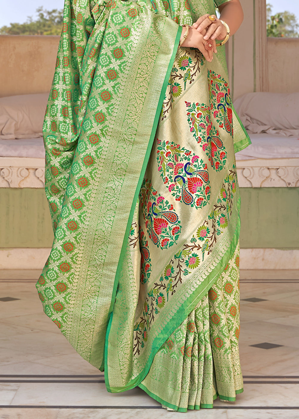 Buy MySilkLove Silver Tree Green Zari Woven Banarasi Brocade Saree Online