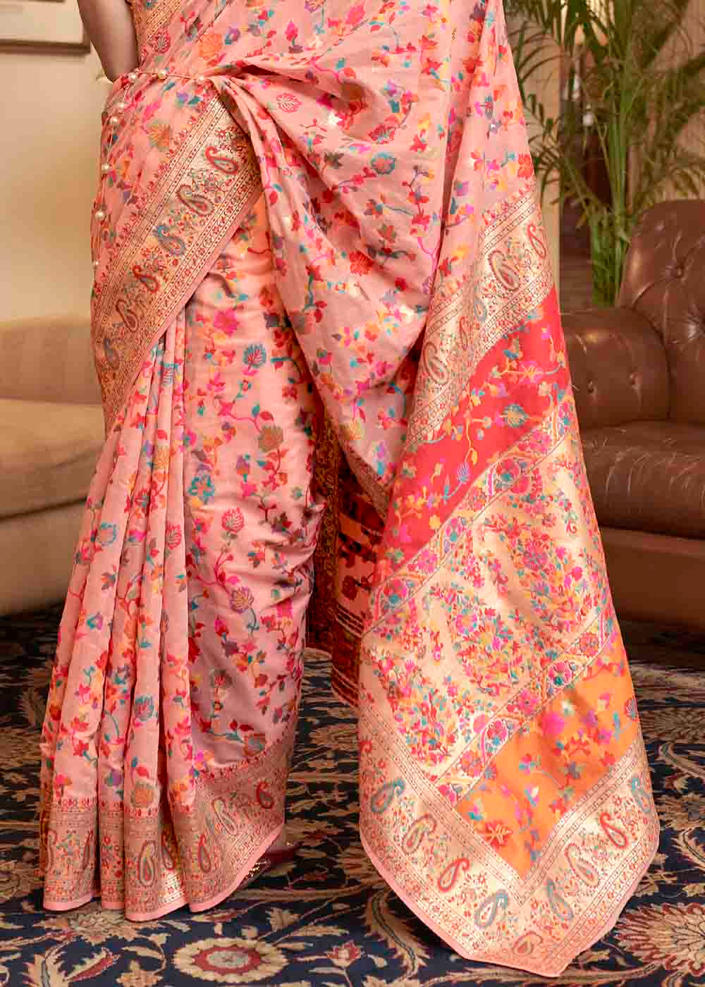 Buy MySilkLove Melon Peach Banarasi Jamawar Woven Silk Saree Online