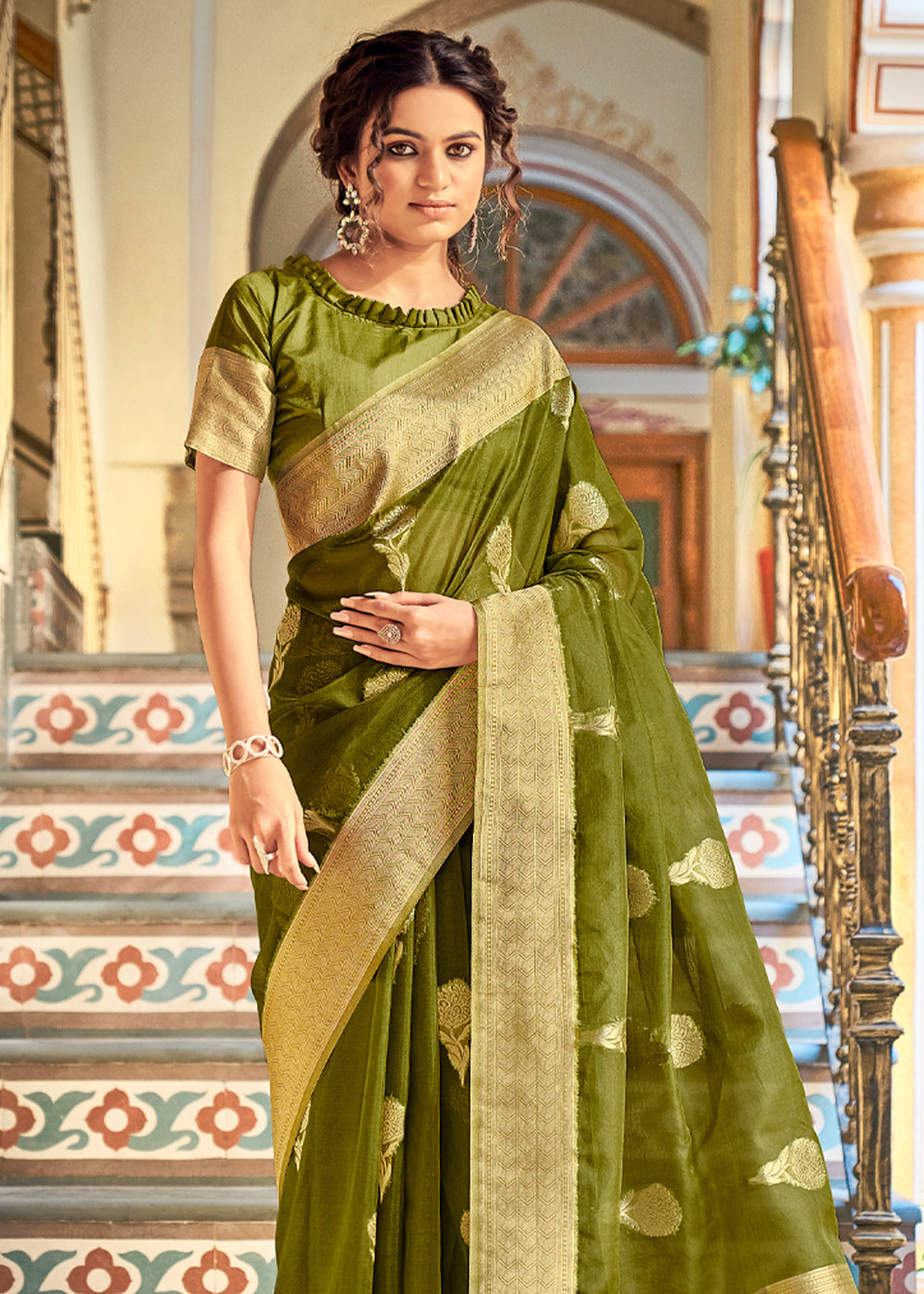 Buy MySilkLove Mustard Green Zari Woven Banarasi Organza Saree Online