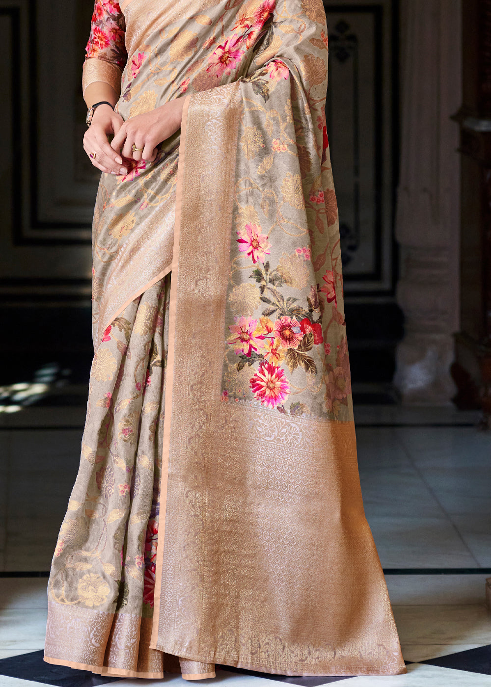 Buy MySilkLove Rodeo Dust Grey Zari Woven Floral Banarasi Saree Online