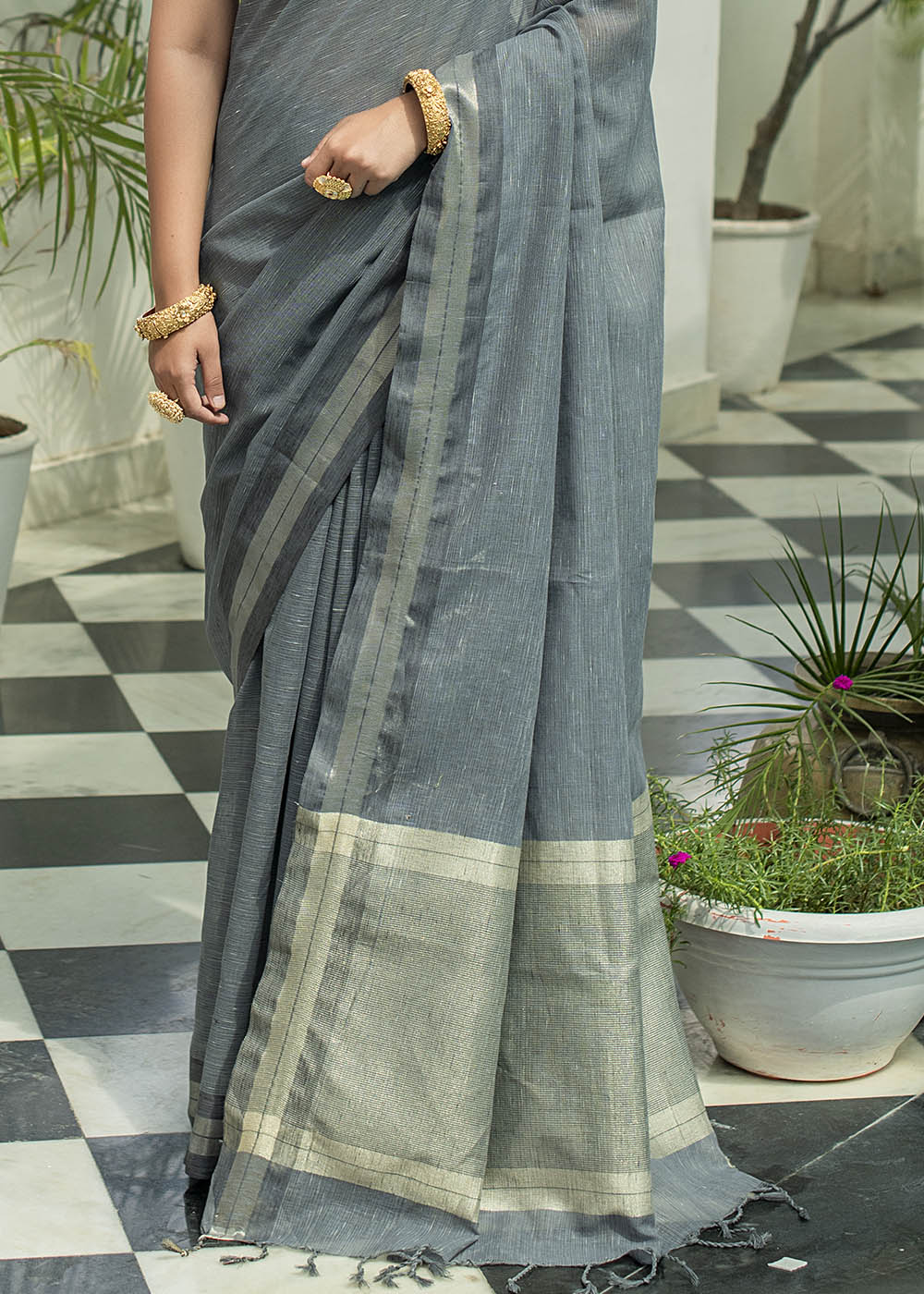 Buy MySilkLove Sirocco Grey Zari Woven Linen Saree Online