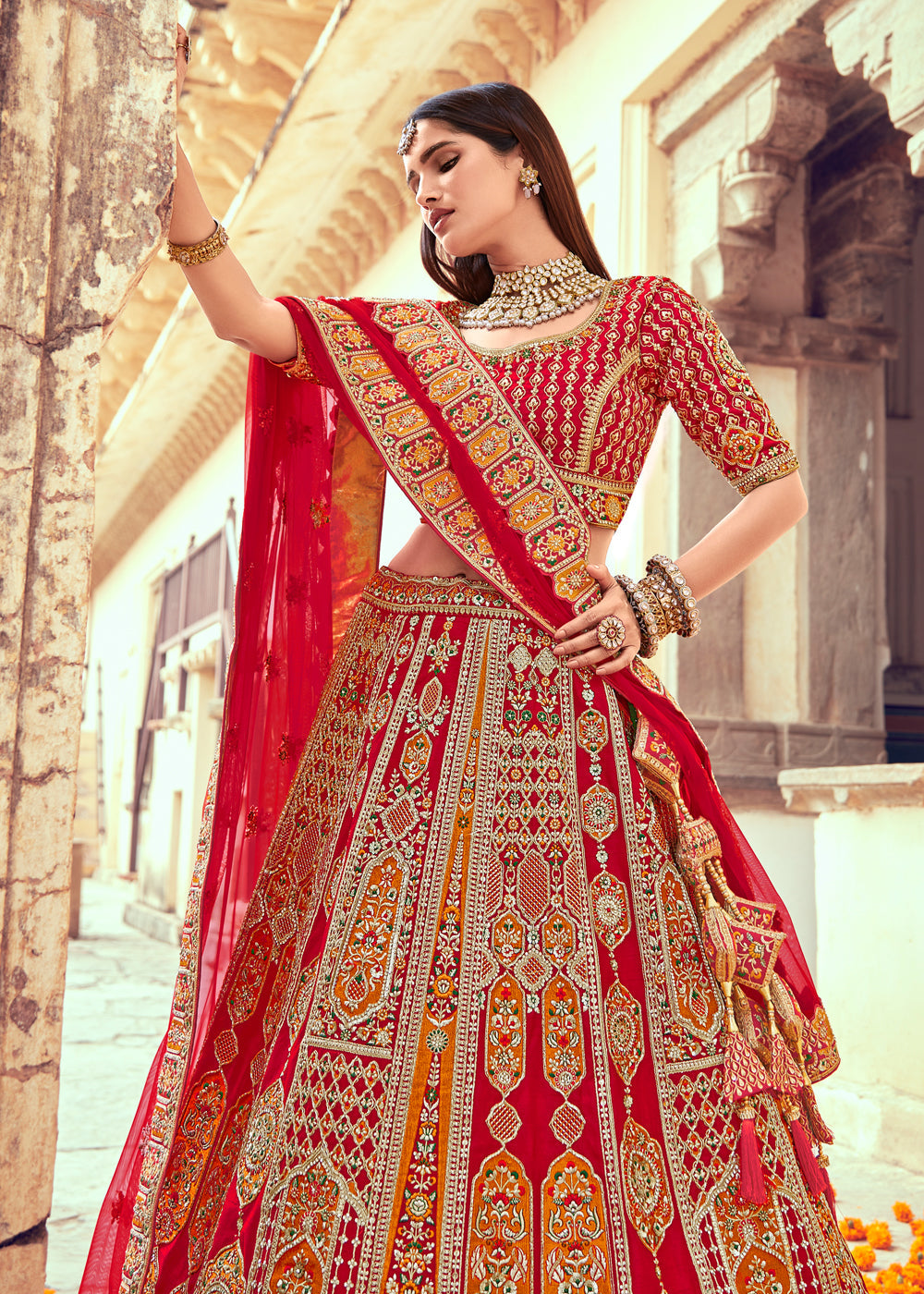 MySilkLove Roof Red and Orange Heavy Embroidered Designer Lehenga