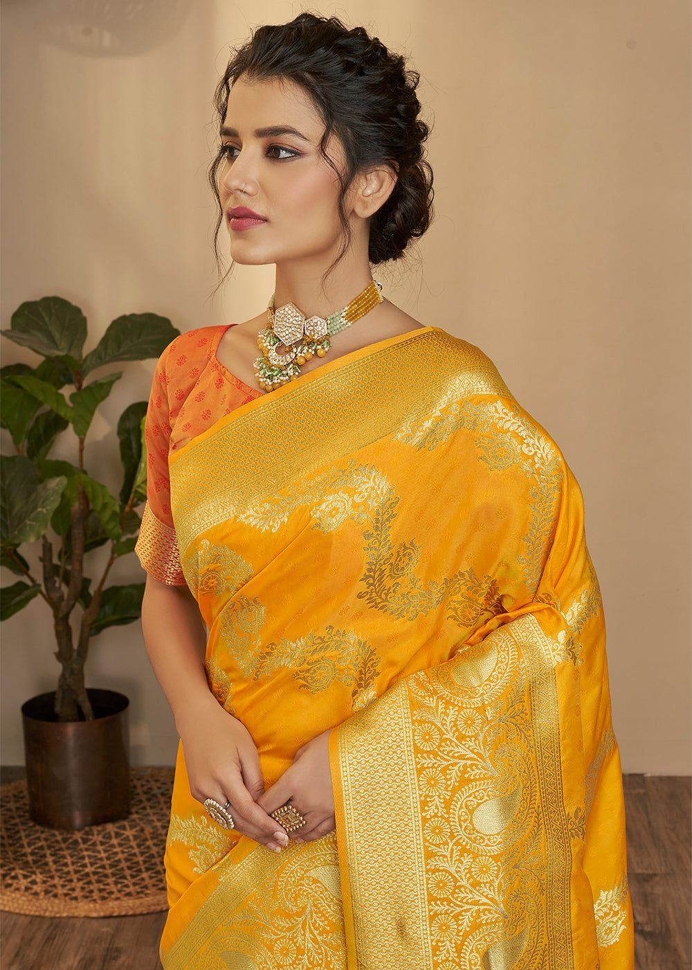 Buy MySilkLove Fuel Yellow and Orange Zari Woven Banarasi Saree Online