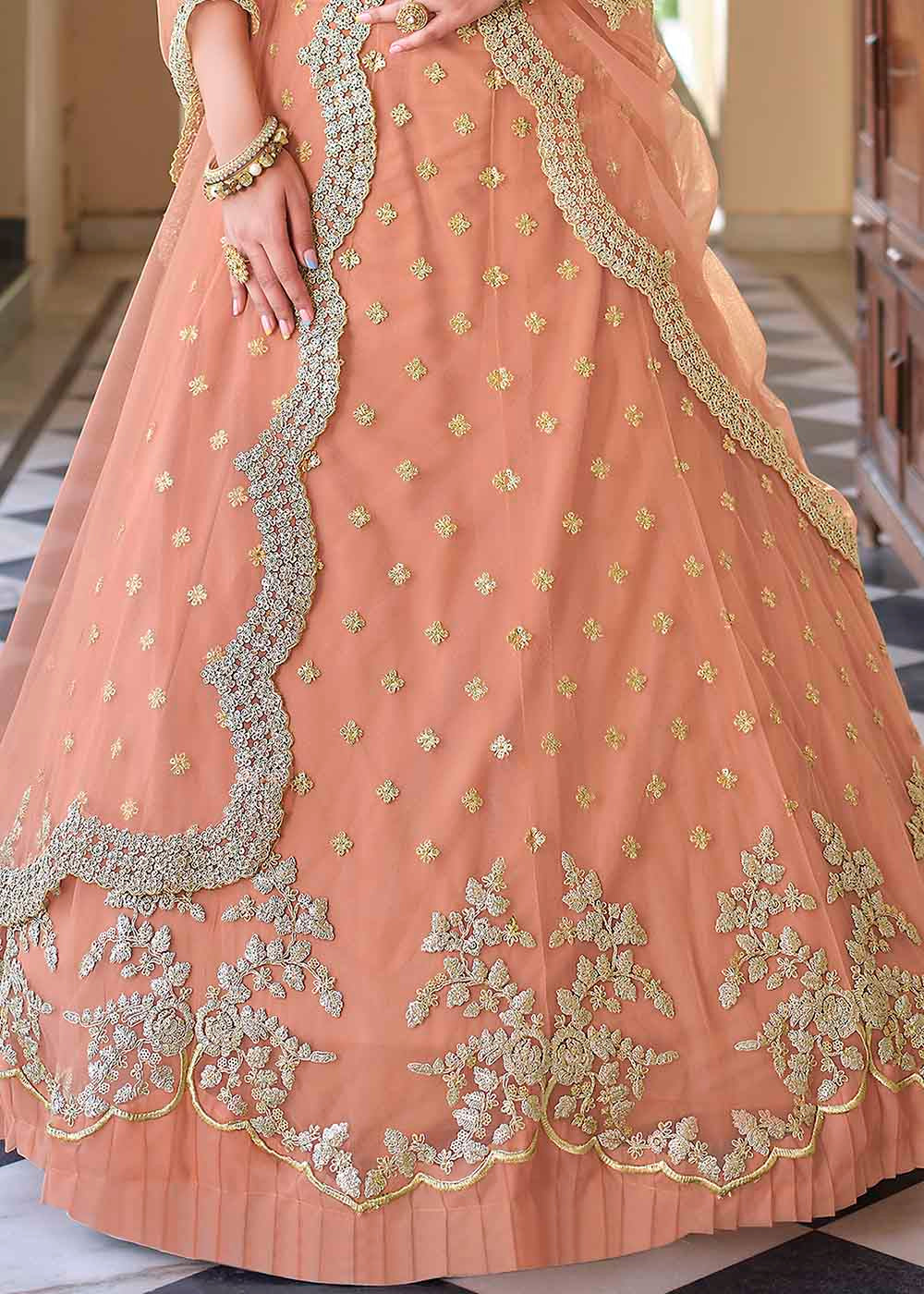 Buy MySilkLove Wax Flower Peach Soft Net Designer Lehenga Choli With Dori & Sequins Work Online