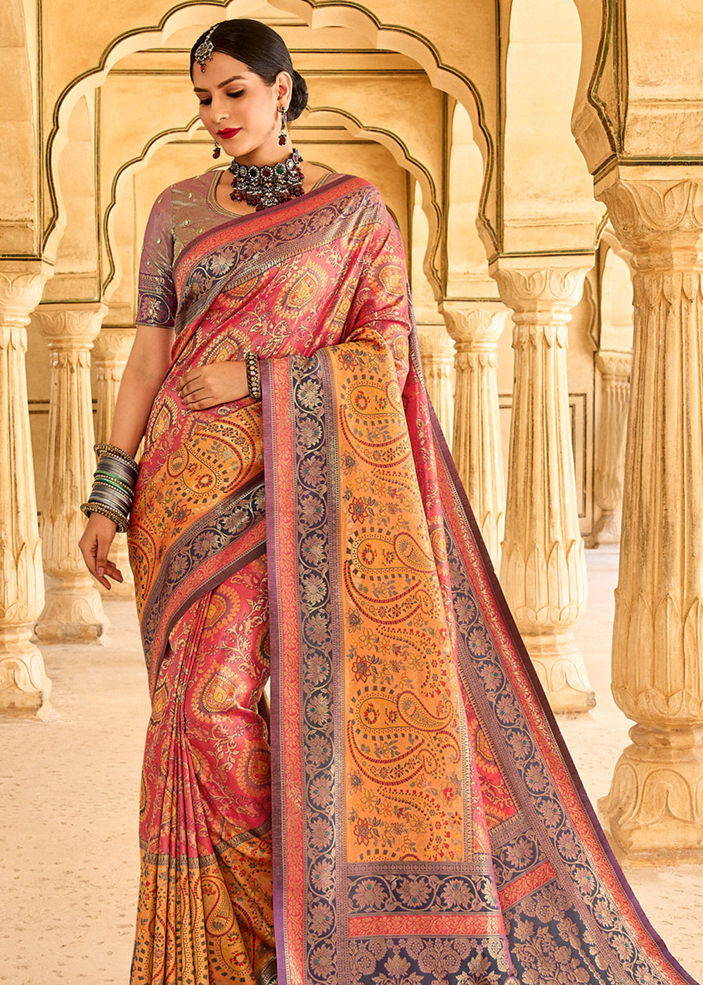 Buy MySilkLove Sandy Yellow and Pink Designer Banarasi Saree Online