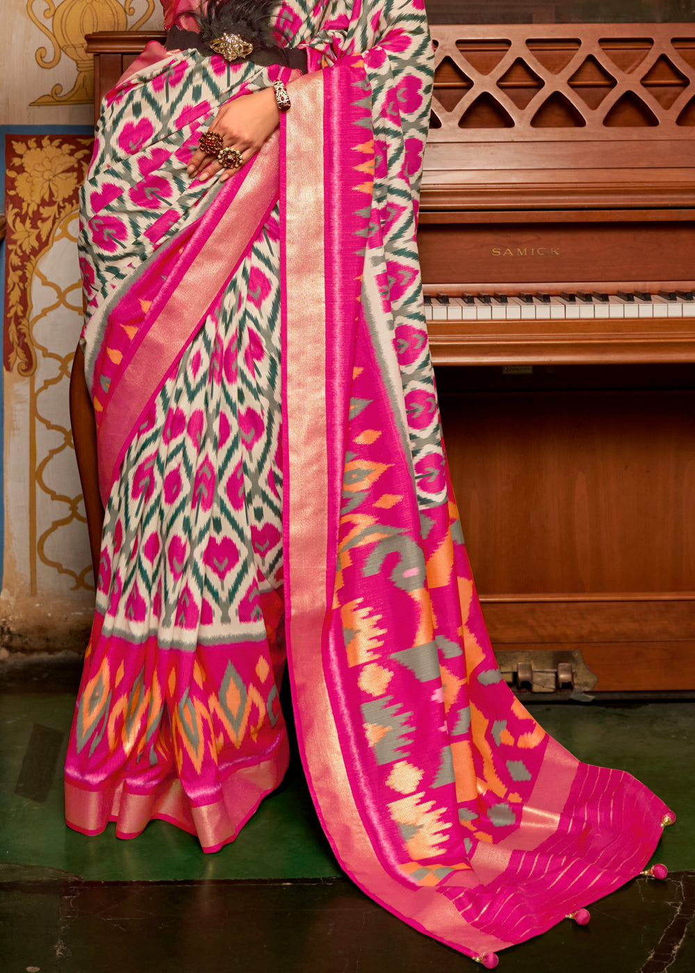 Buy MySilkLove Rose Fog White and Pink Patola Silk Saree Online