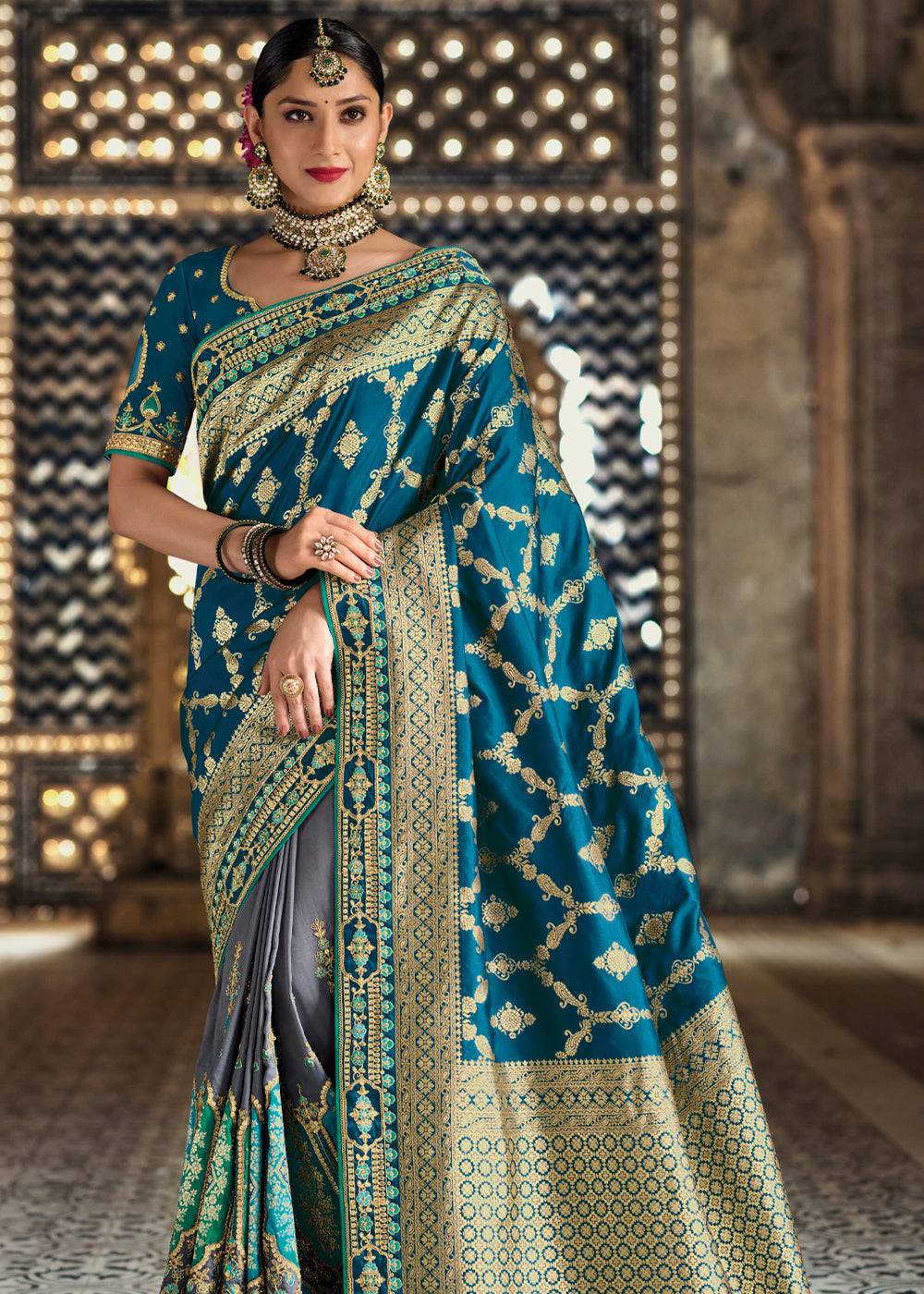 Buy MySilkLove Viridian Blue Zari Woven Designer Banarasi Saree Online