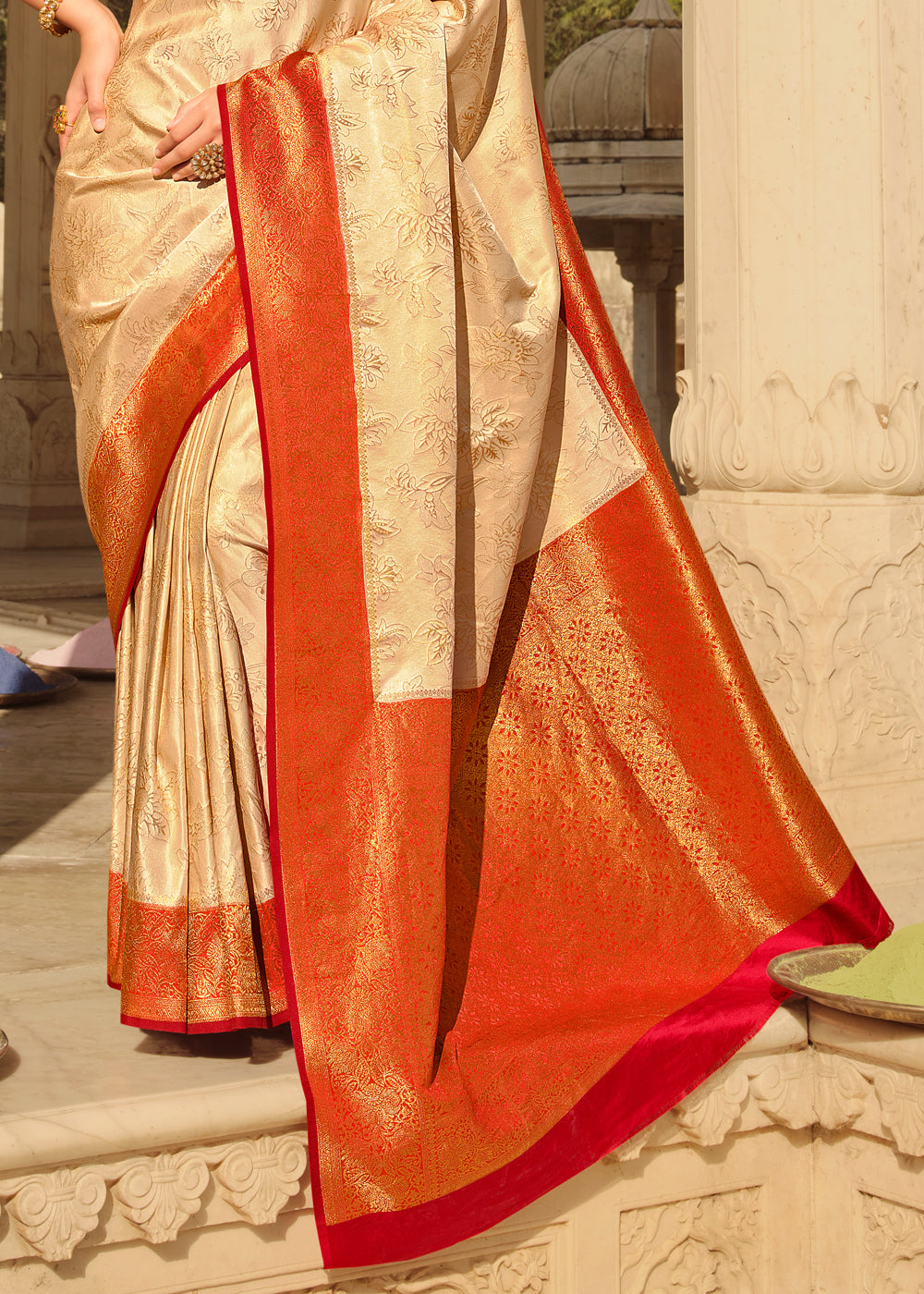 Buy MySilkLove Harvest Beige and Red Zari Woven Kanjivaram Saree Online