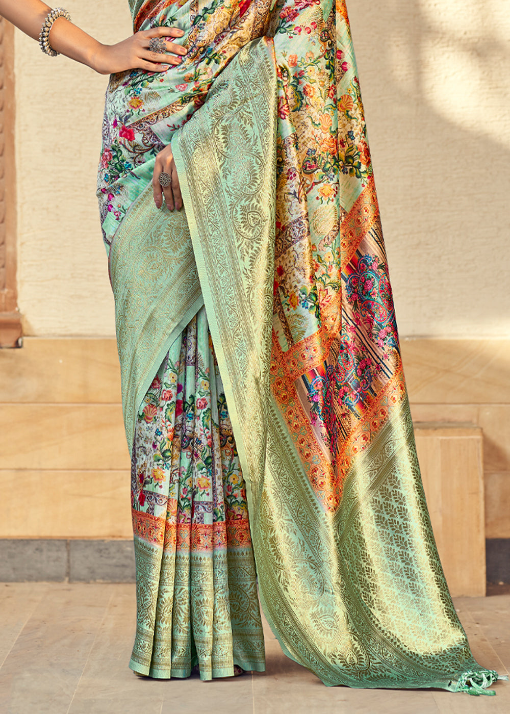 Buy MySilkLove Green Mist Digital Printed Jacquard Silk Saree Online