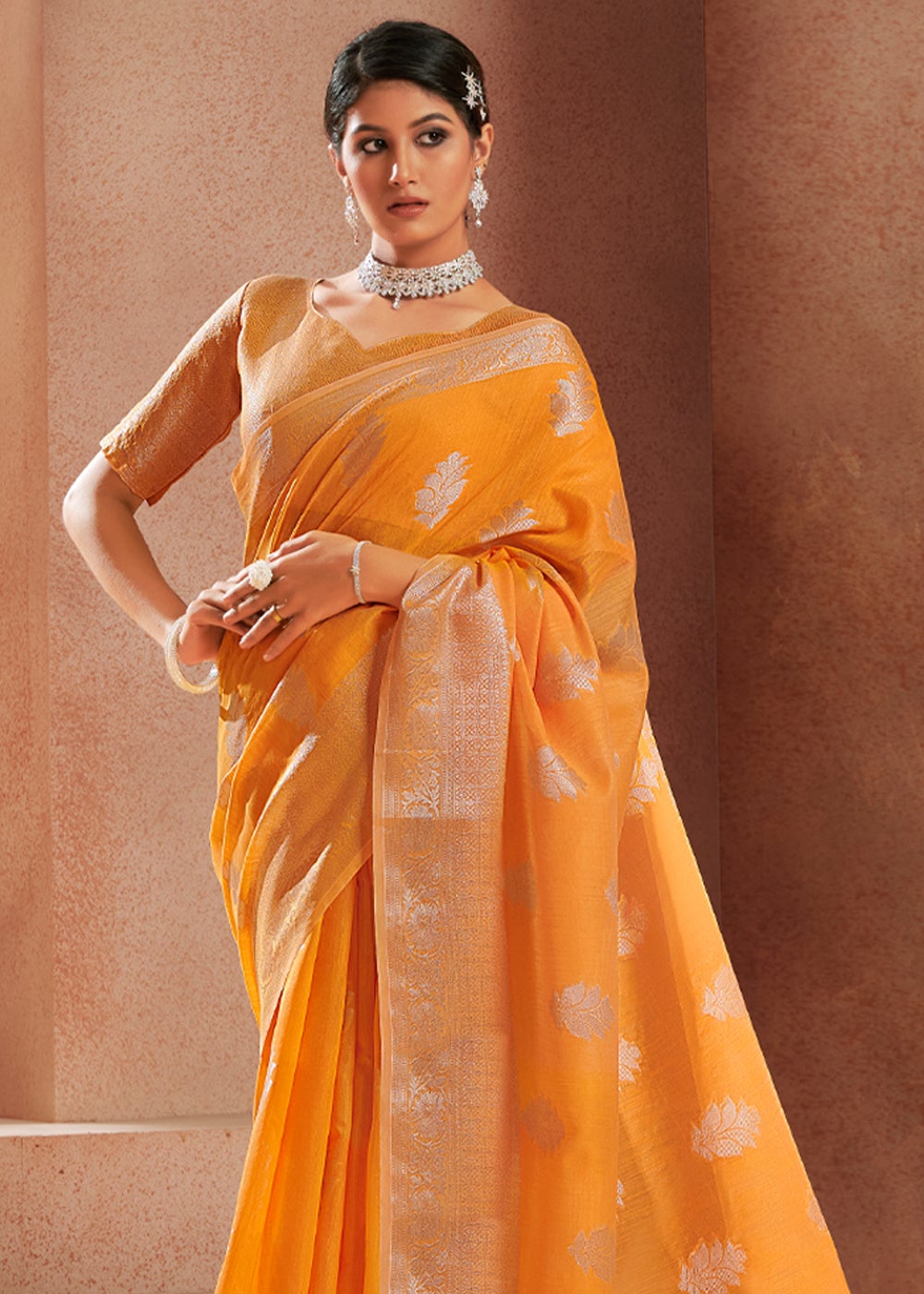 Buy MySilkLove Neon Carrot Orange Zari Woven Banarasi Linen Saree Online