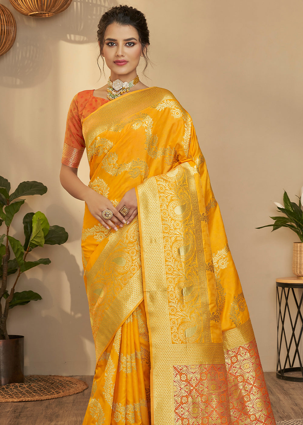 Buy MySilkLove Fuel Yellow and Orange Zari Woven Banarasi Saree Online