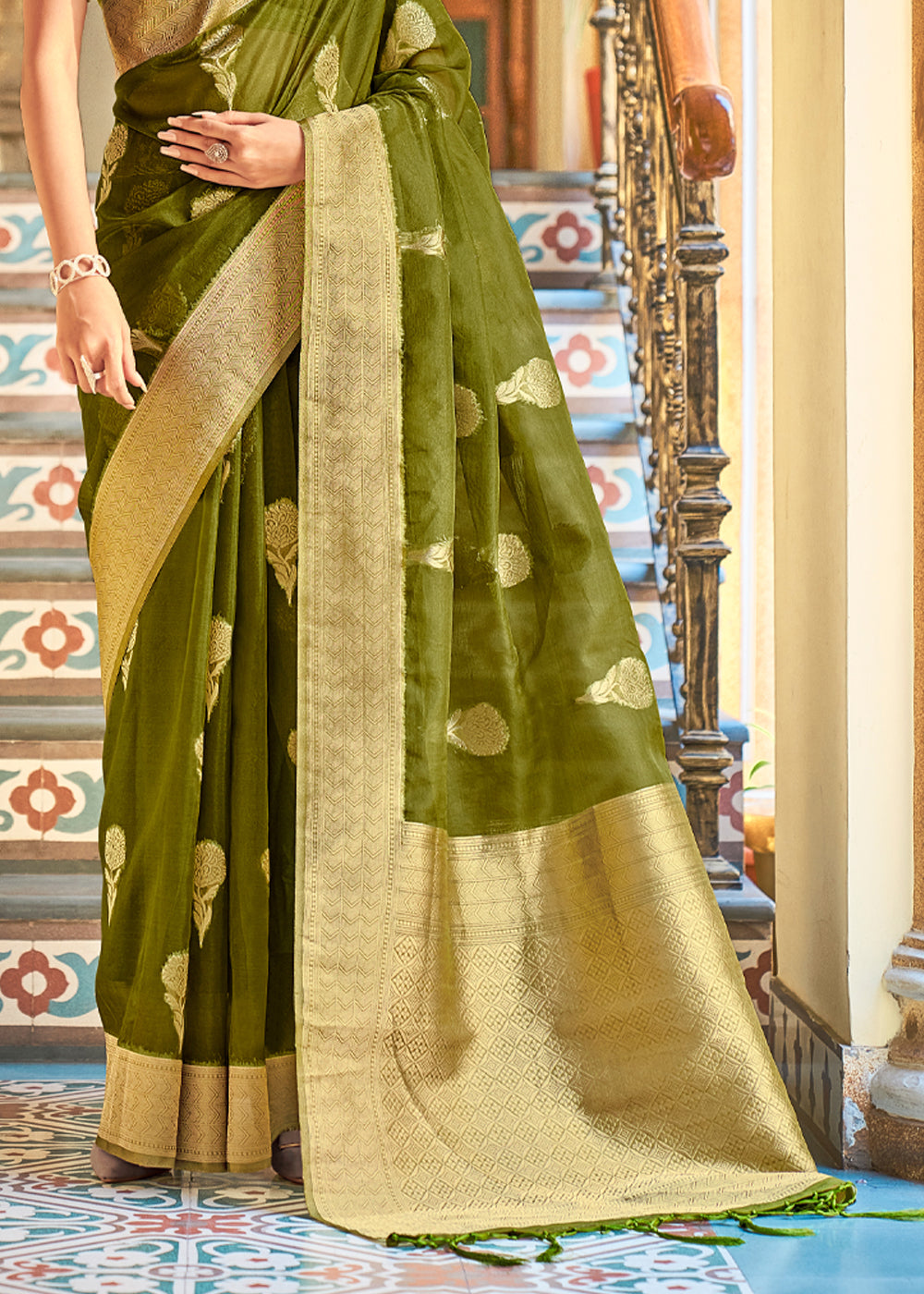 Buy MySilkLove Mustard Green Zari Woven Banarasi Organza Saree Online