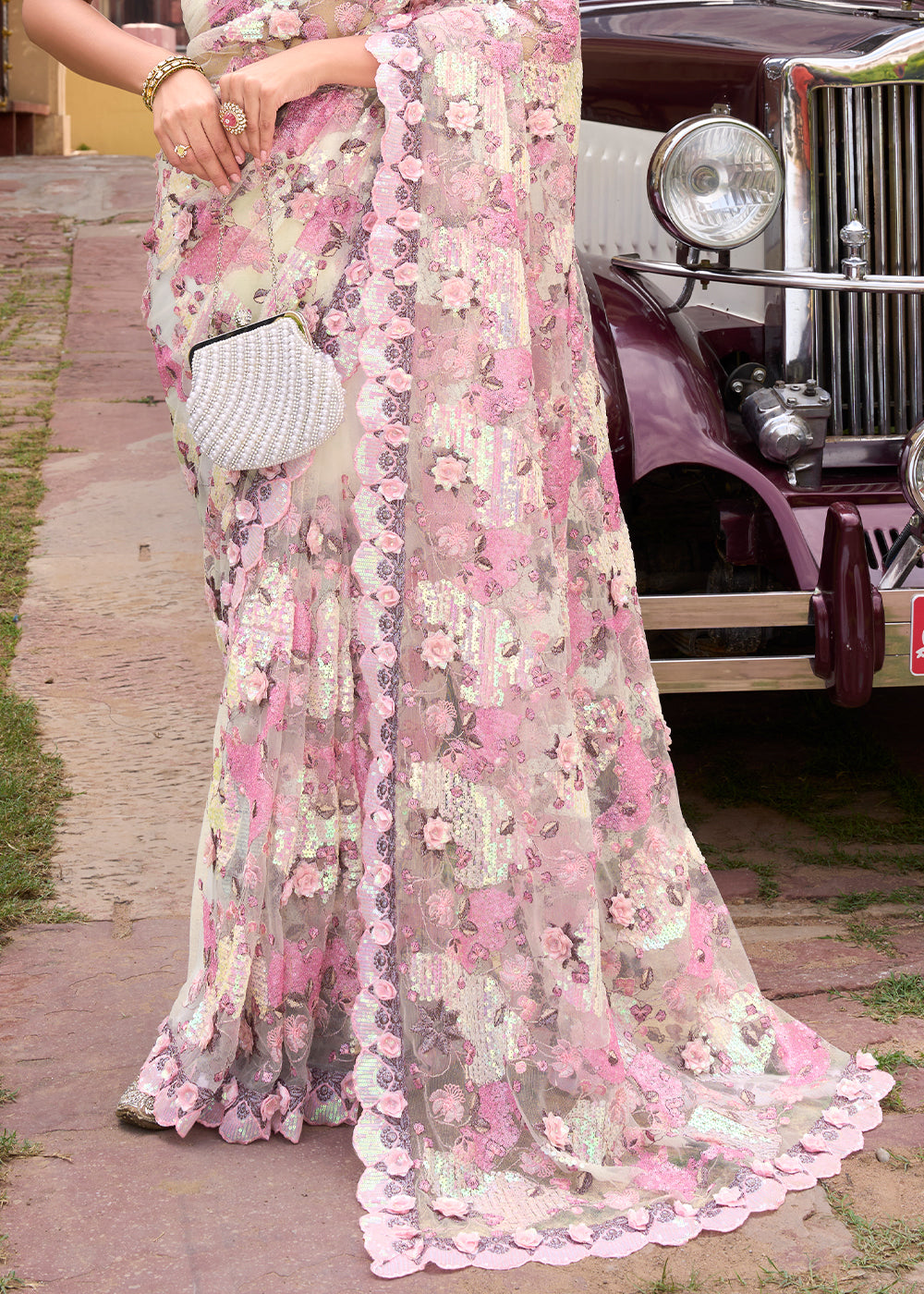 Buy MySilkLove Beauty White Pink Designer Silk Saree Online