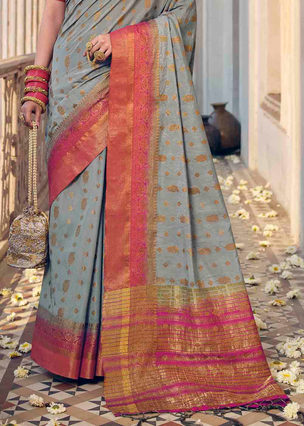 Buy MySilkLove Zorba Grey and Pink Zari Woven Banarasi Raw Silk Saree Online