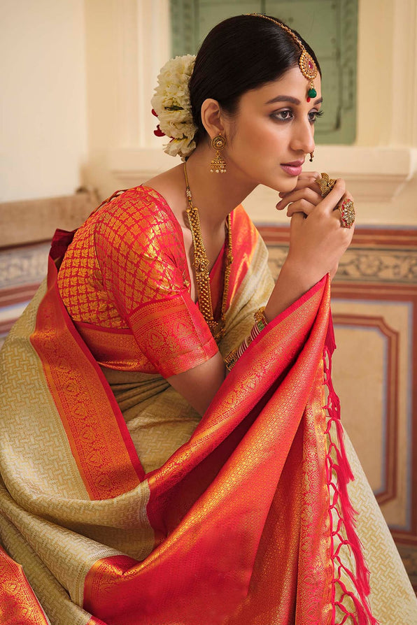 Buy MySilkLove Sorrell Cream and Dark Pink Zari Woven Kanjivaram Saree Online