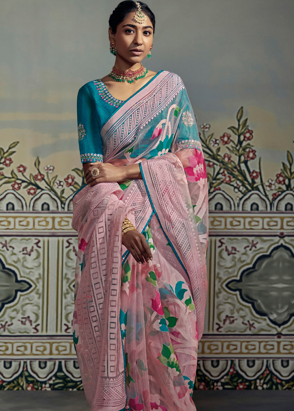 Buy MySilkLove Cavern Pink and Blue Woven Soft Silk Saree with Embroidered Blouse Online