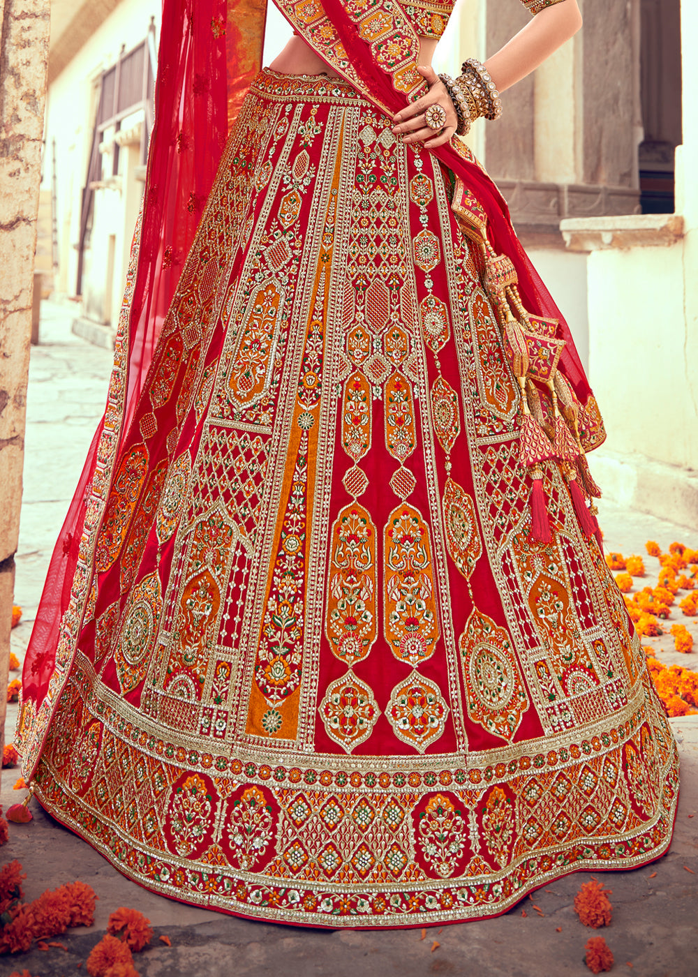 Buy MySilkLove Roof Red and Orange Heavy Embroidered Designer Lehenga Online