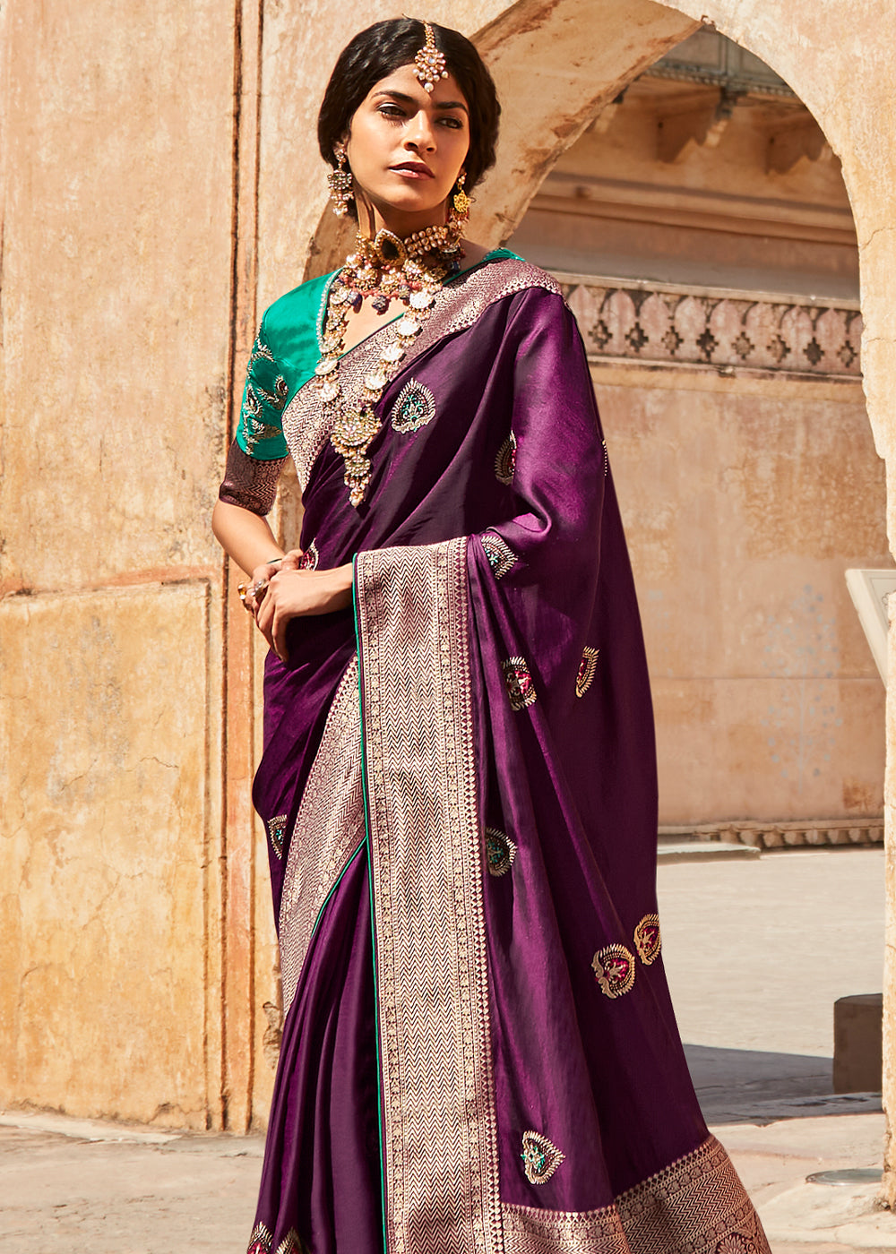 Buy MySilkLove Livid Purple and Green Zari Woven Designer Banarasi Saree Online