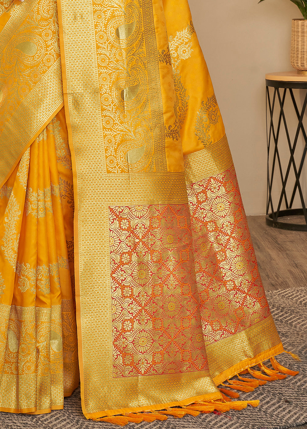 Buy MySilkLove Fuel Yellow and Orange Zari Woven Banarasi Saree Online