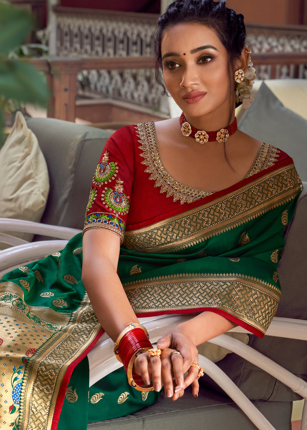 Buy MySilkLove Dark Green and Red Zari Woven Banarasi Brocade Saree Online