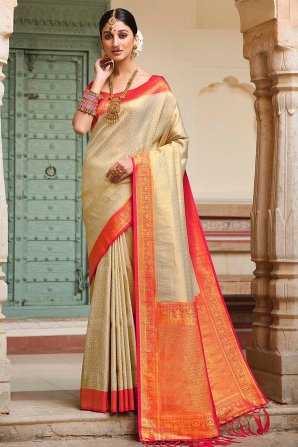 Buy MySilkLove Sorrell Cream and Dark Pink Zari Woven Kanjivaram Saree Online