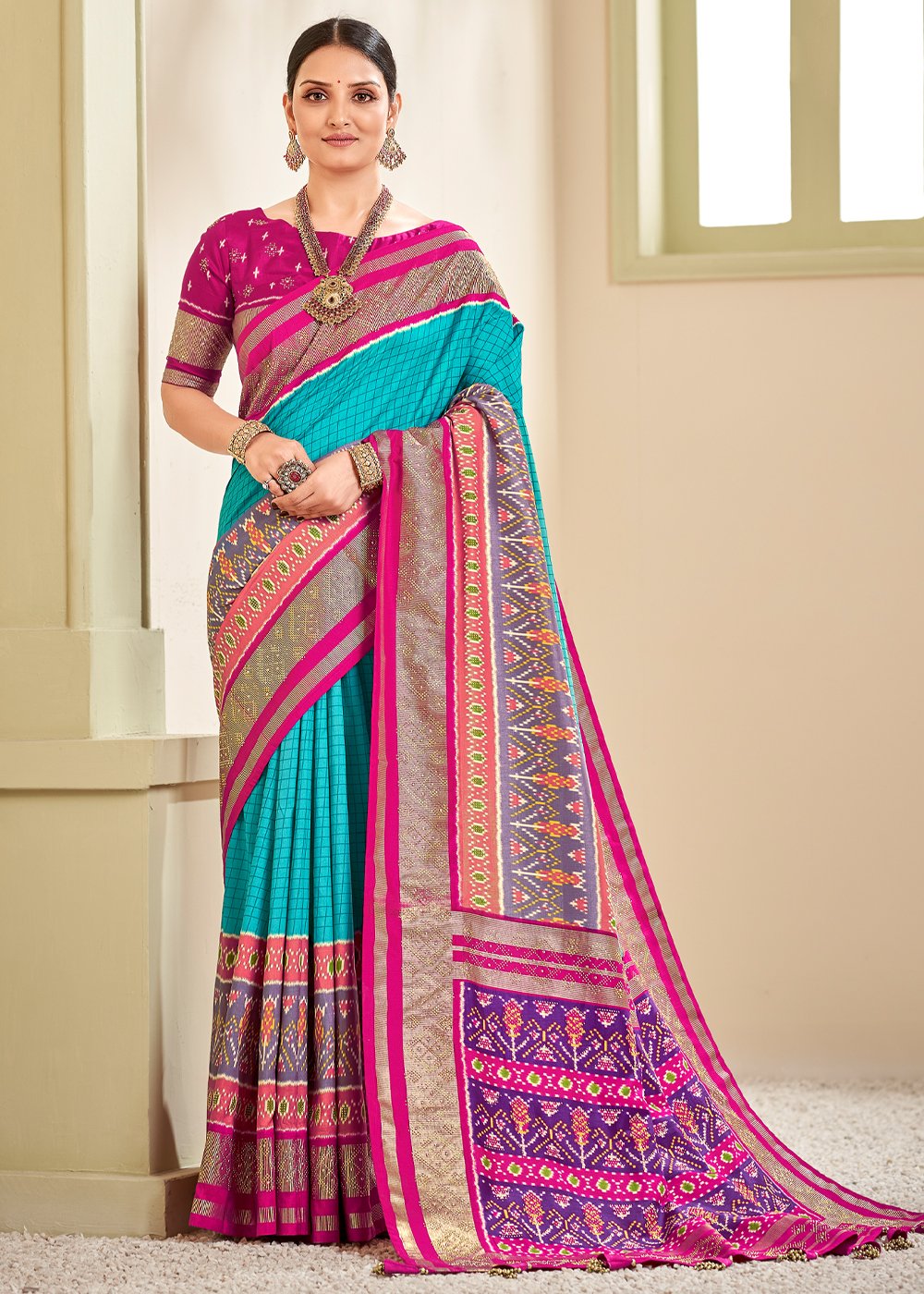 Buy MySilkLove Pelorous Blue and Pink Zari Woven Patola Silk Saree Online