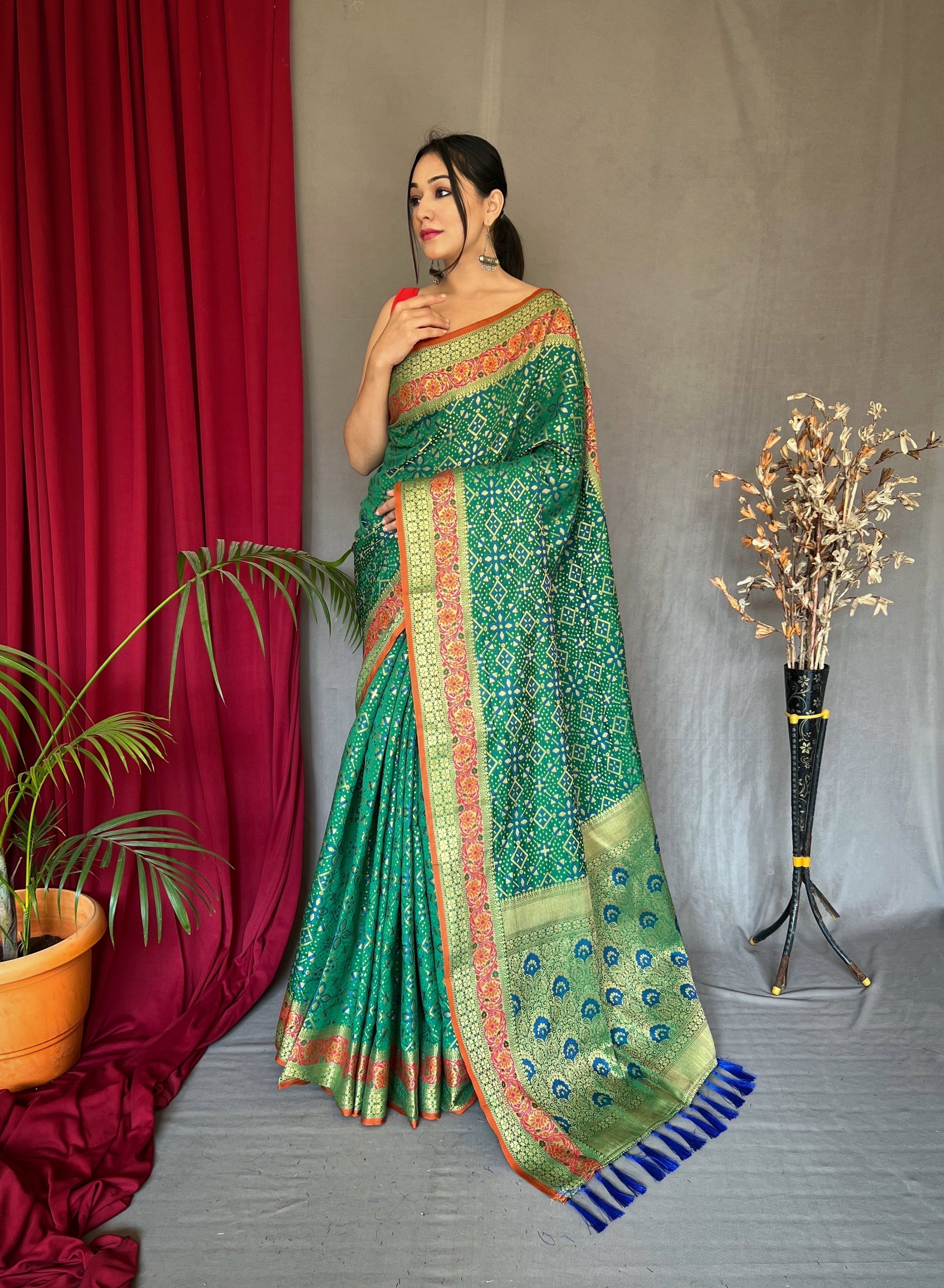 Buy MySilkLove Viridian Green Woven Bandhej Patola Silk Saree Online