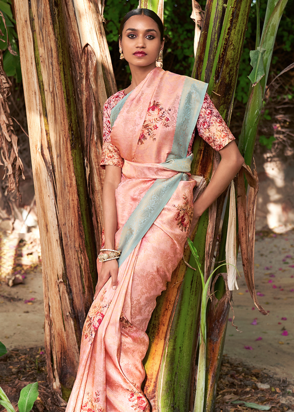 Buy MySilkLove Melon Pink Banarasi Jacquard Printed Saree Online