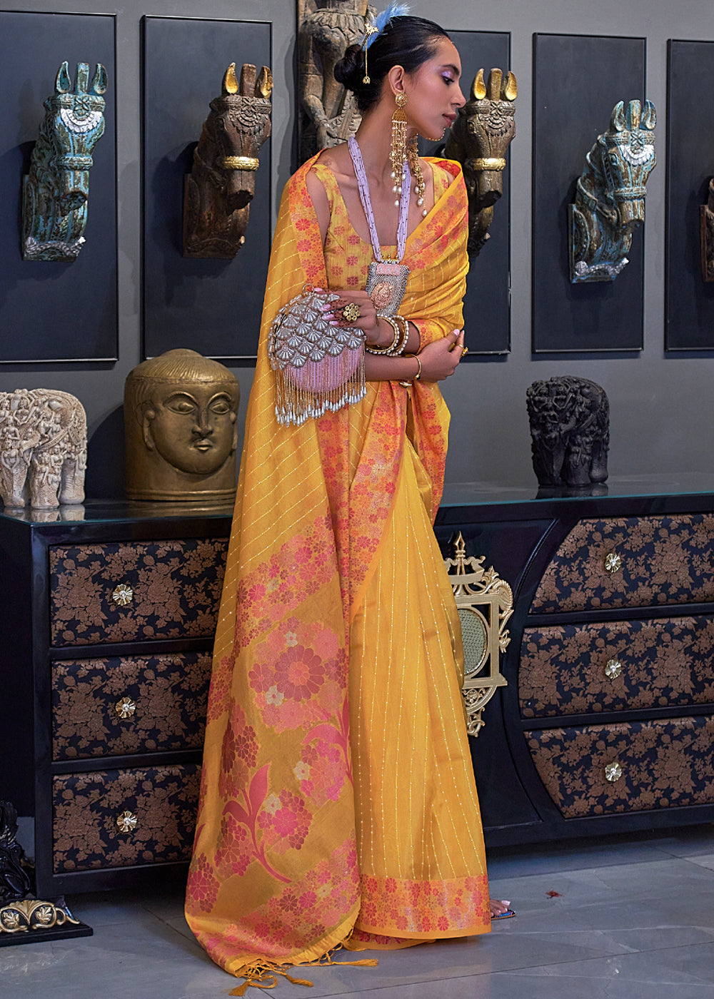 Buy MySilkLove Goldenrod Yellow Woven Dual Tone Organza Banarasi Silk Saree Online