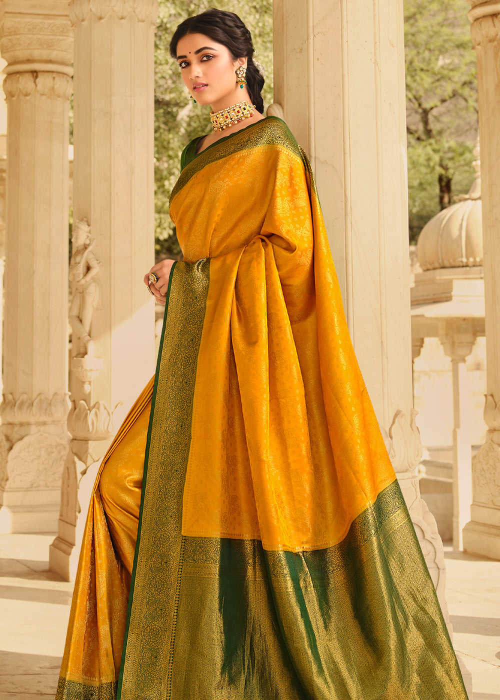 Buy MySilkLove Sea Yellow and Green Zari Woven Kanjivaram Saree Online