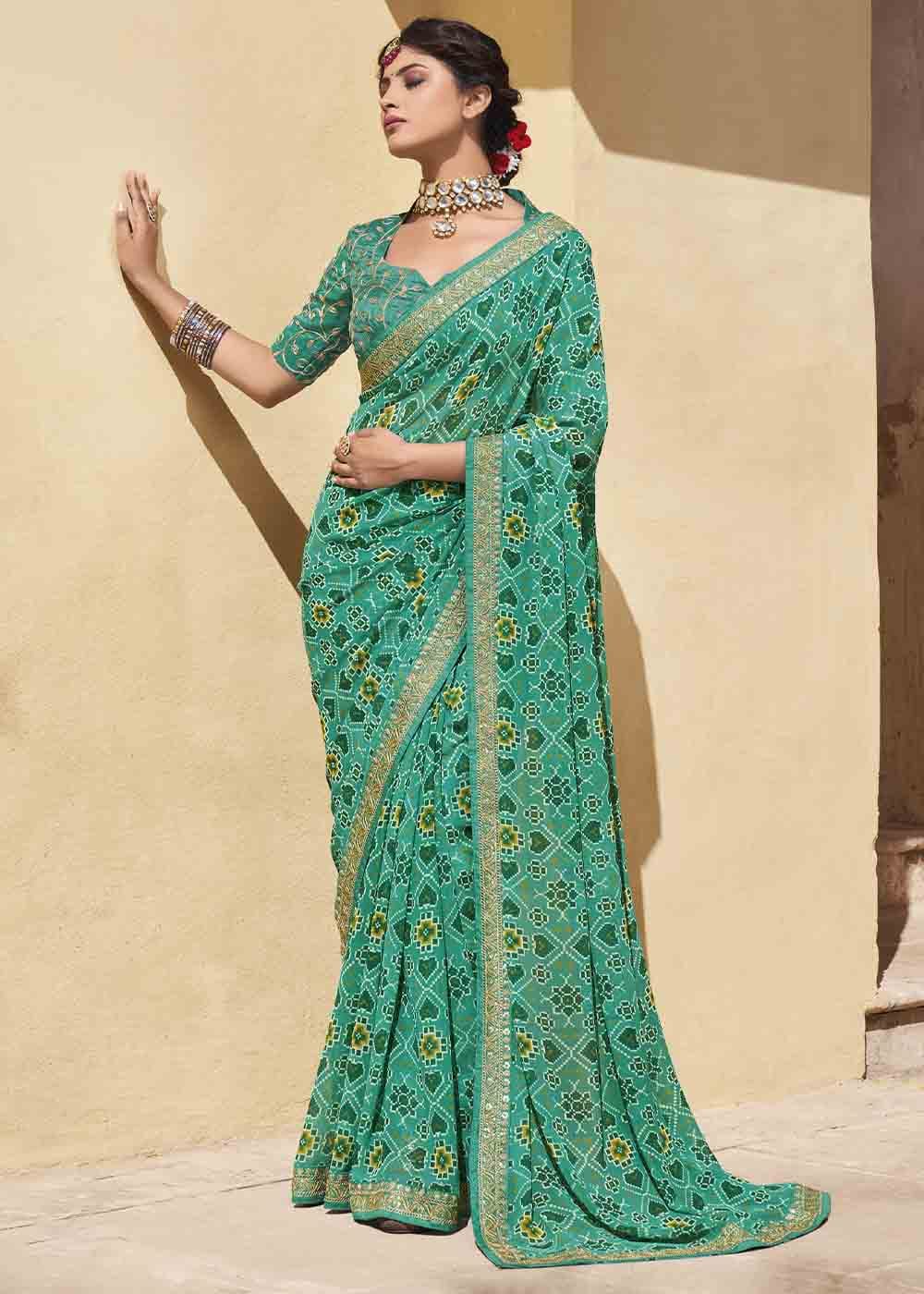 Buy MySilkLove Jet Stream Green Patola Print Georgette Saree With Embroidered Blouse Online