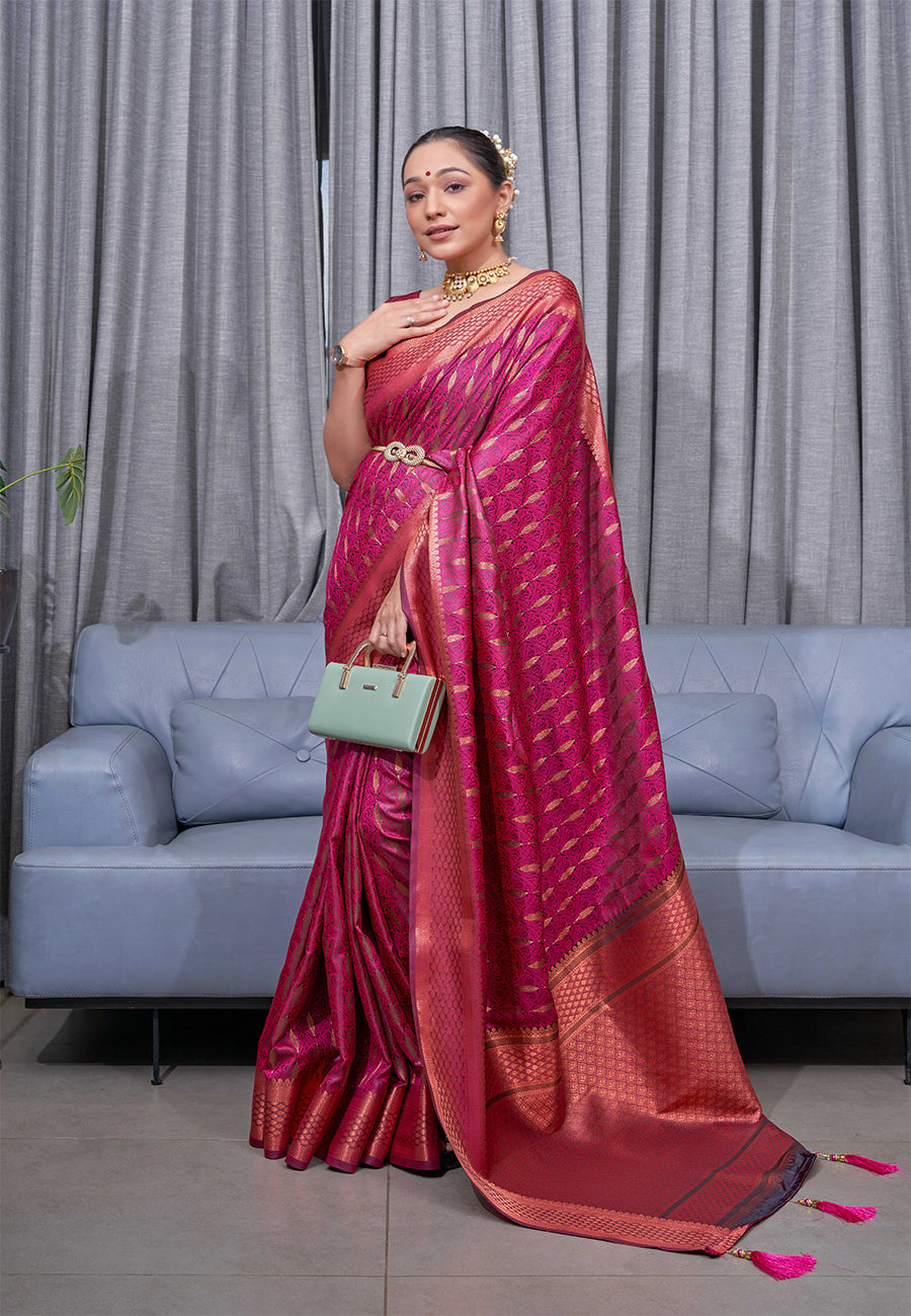 Buy MySilkLove Jazzberry Pink Woven Banarasi Silk Saree Online